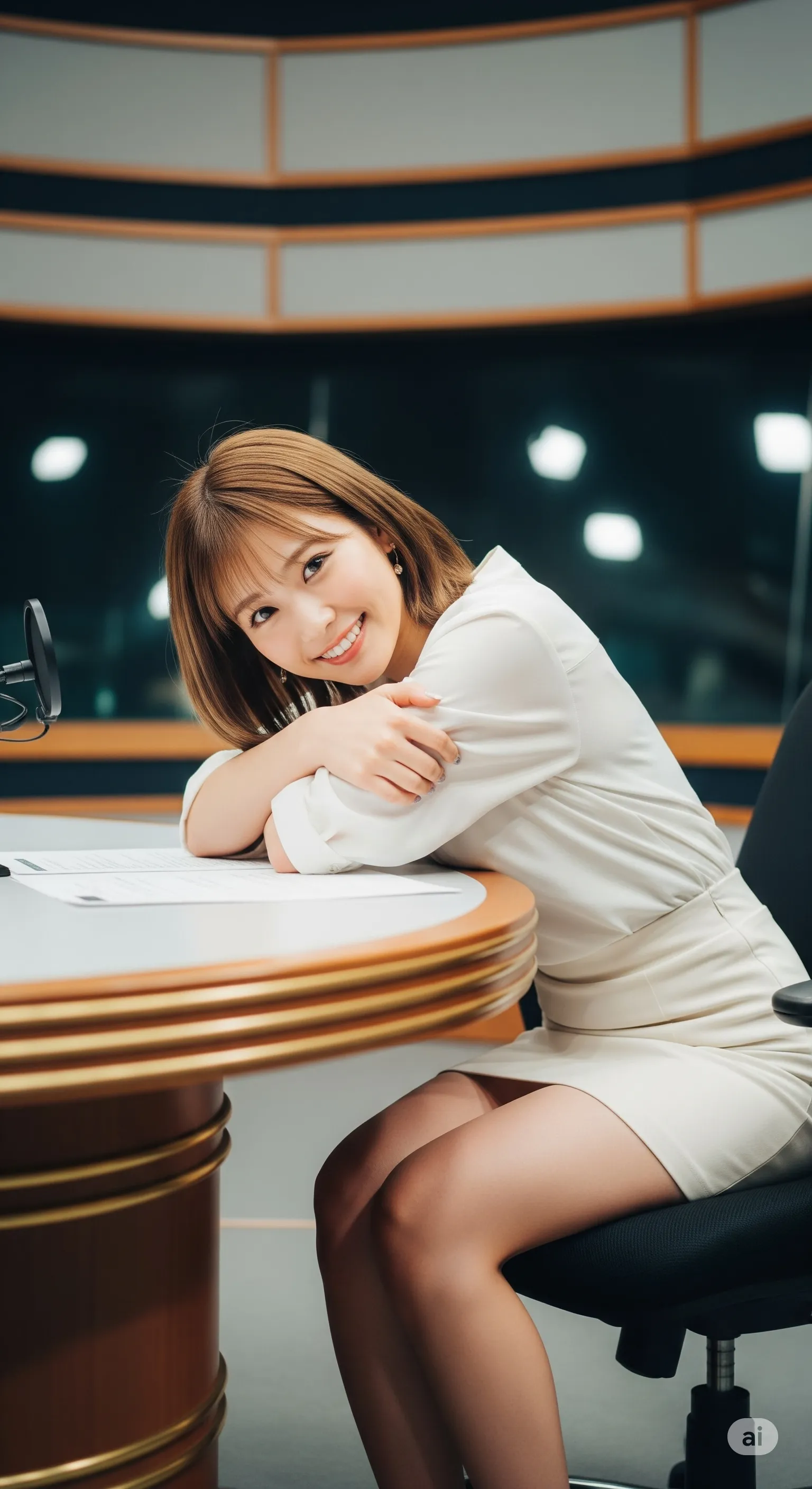 女子アナ 前傾ポーズ スタジオ 隠れ色気 フェチショット 002