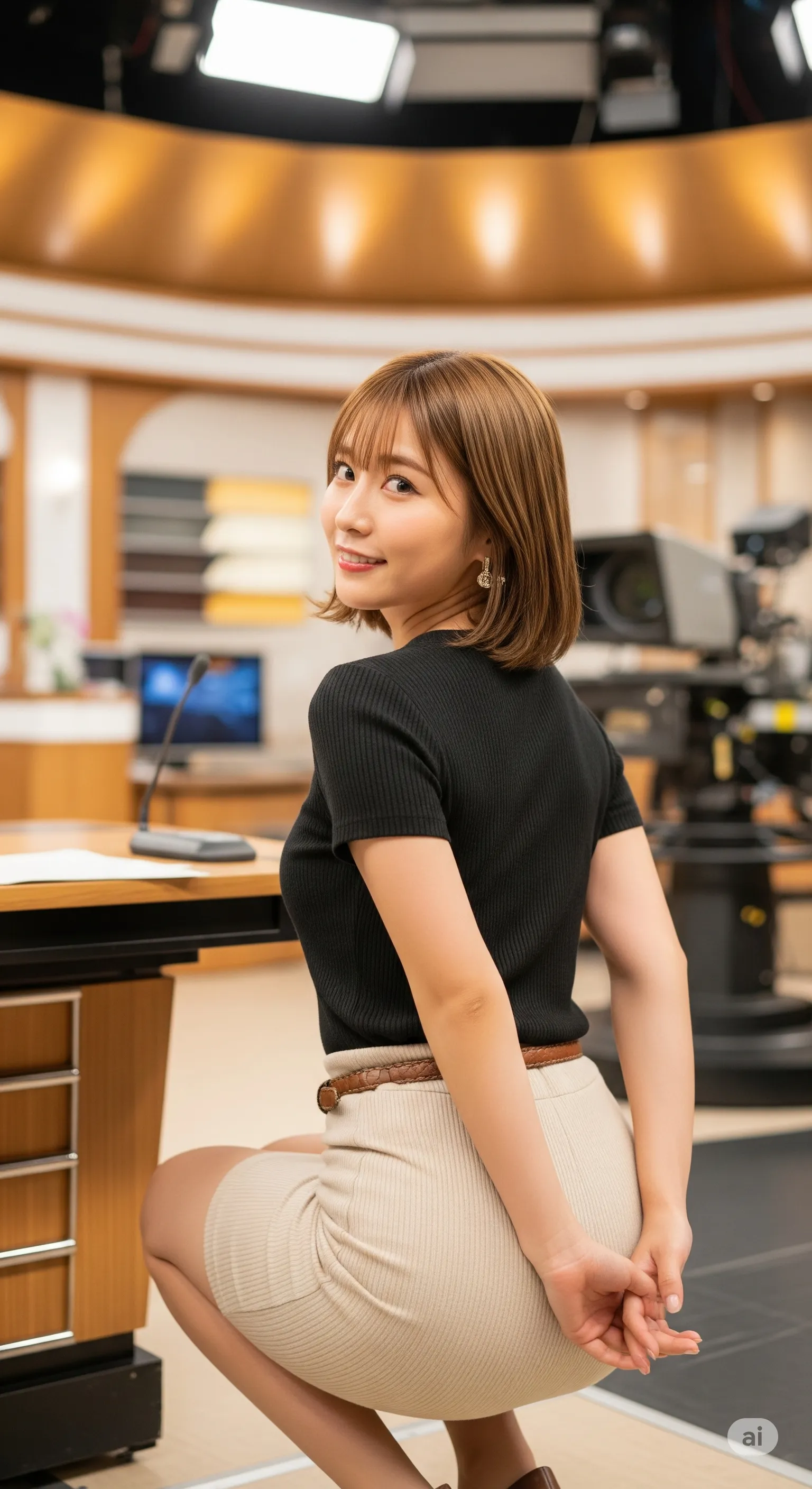 女子アナ スタジオの動き しゃがみ姿勢の色気 034