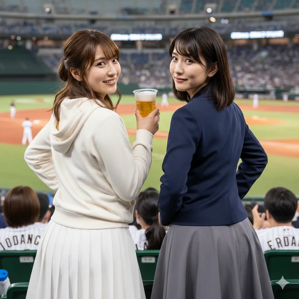 ビールを片手に振り返る、見返り美尻の観客美女