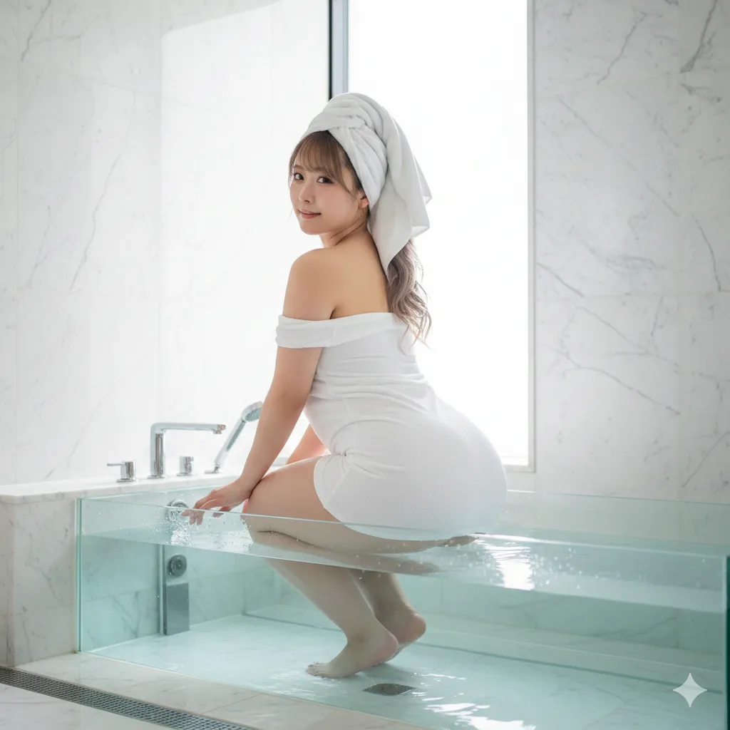 タオルを腰に巻いただけの開放的な後ろ姿グラビア ポートレート