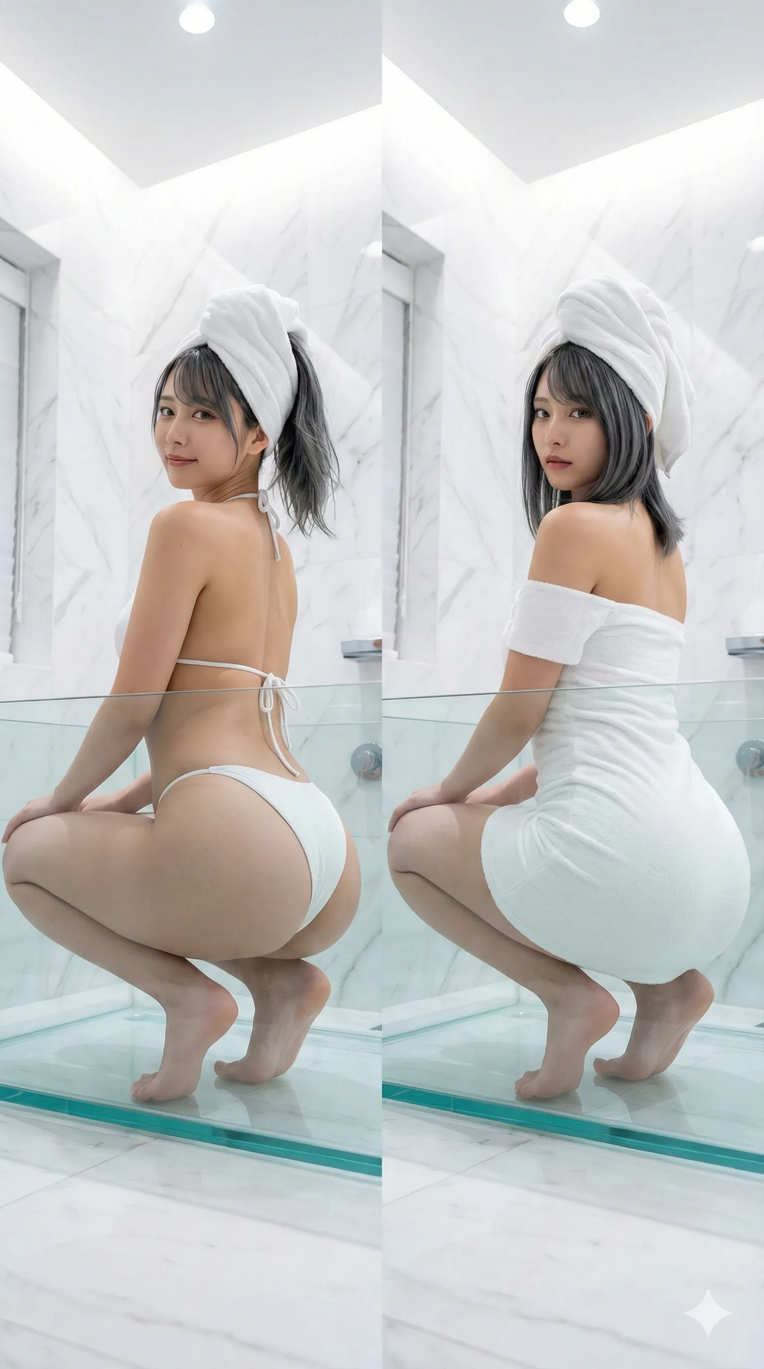 湯気で曇った浴室の鏡に指先で触れる、情緒的な見返り美人ショット フェチ写真