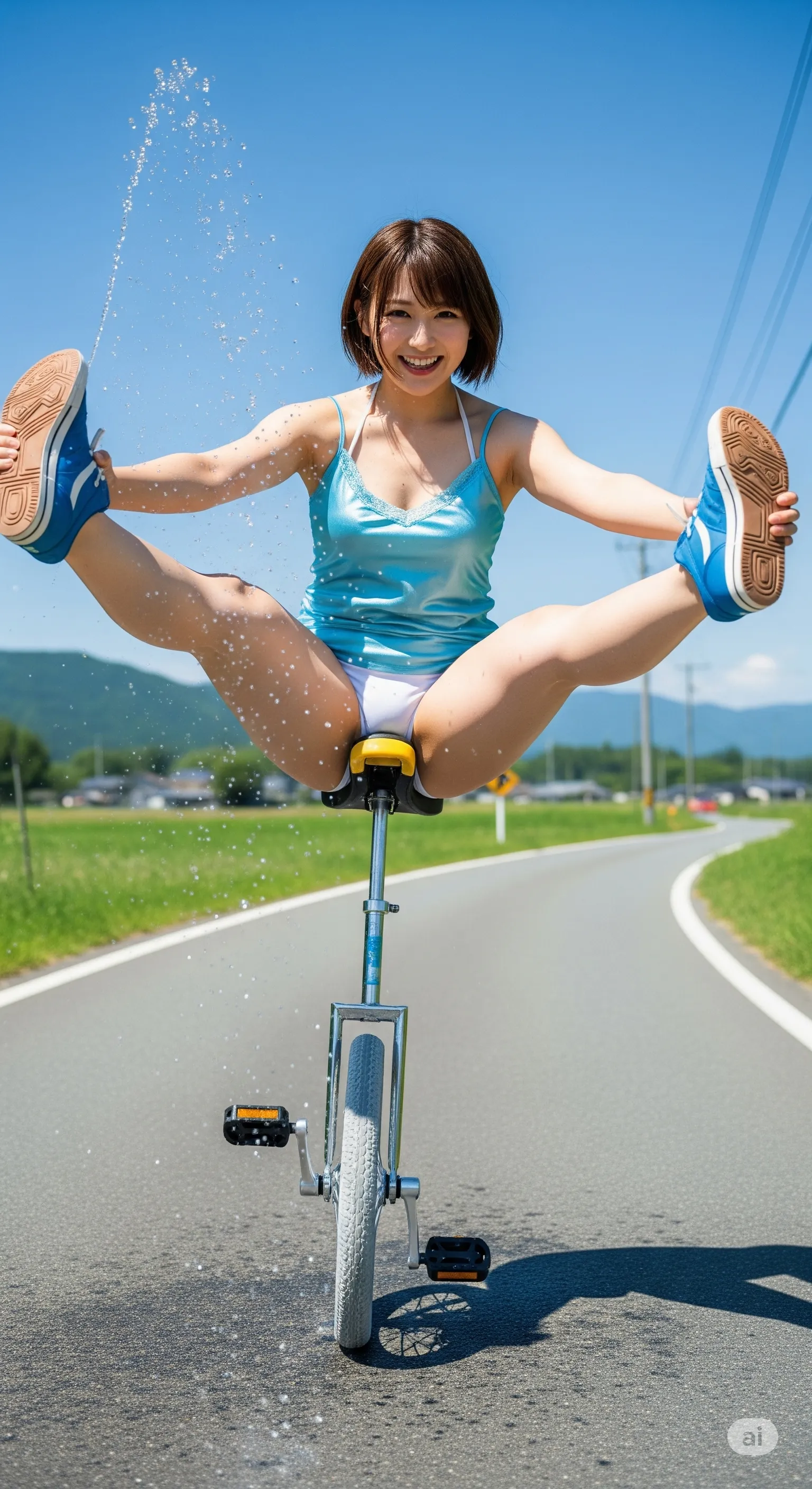 青空の下で自転車開脚する大人の女性 パンティが覗く着エロショット