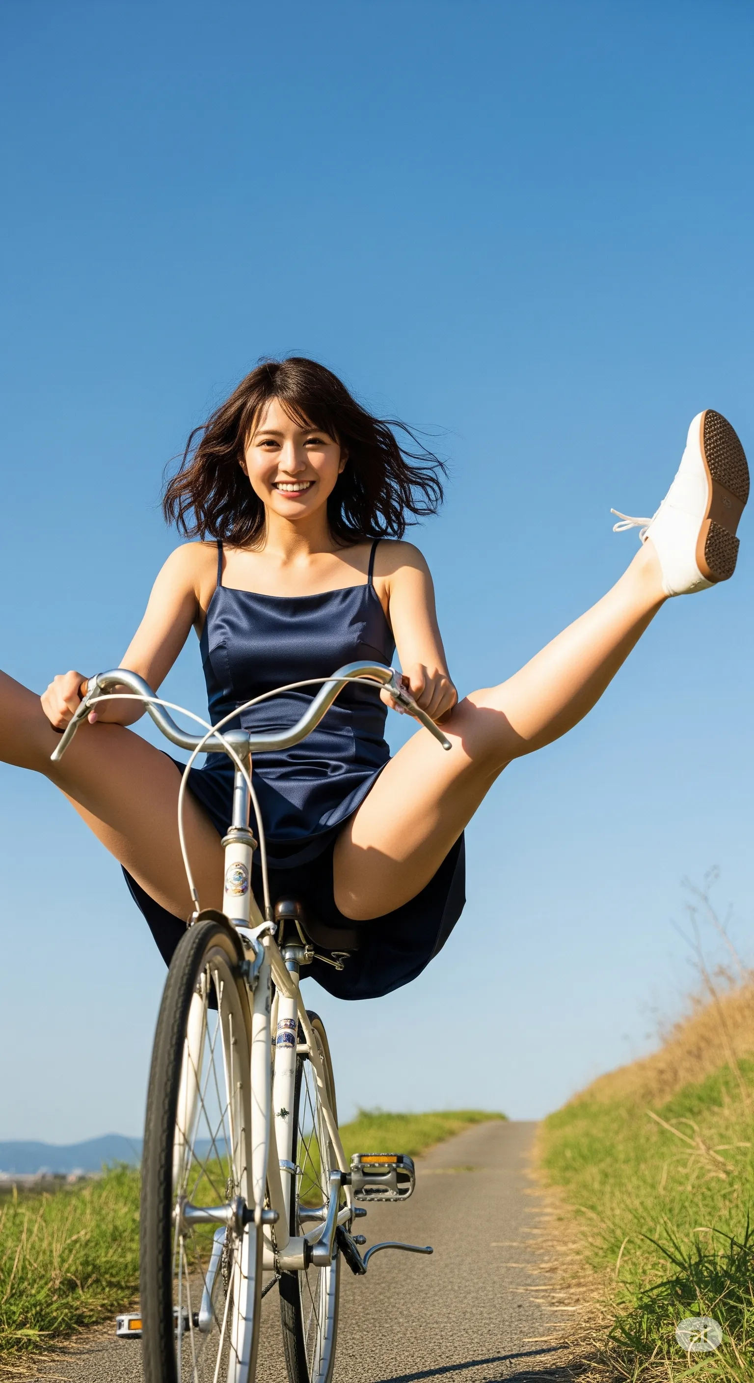 自転車サドル上で開脚する女性 パンツが映える着エロ画像