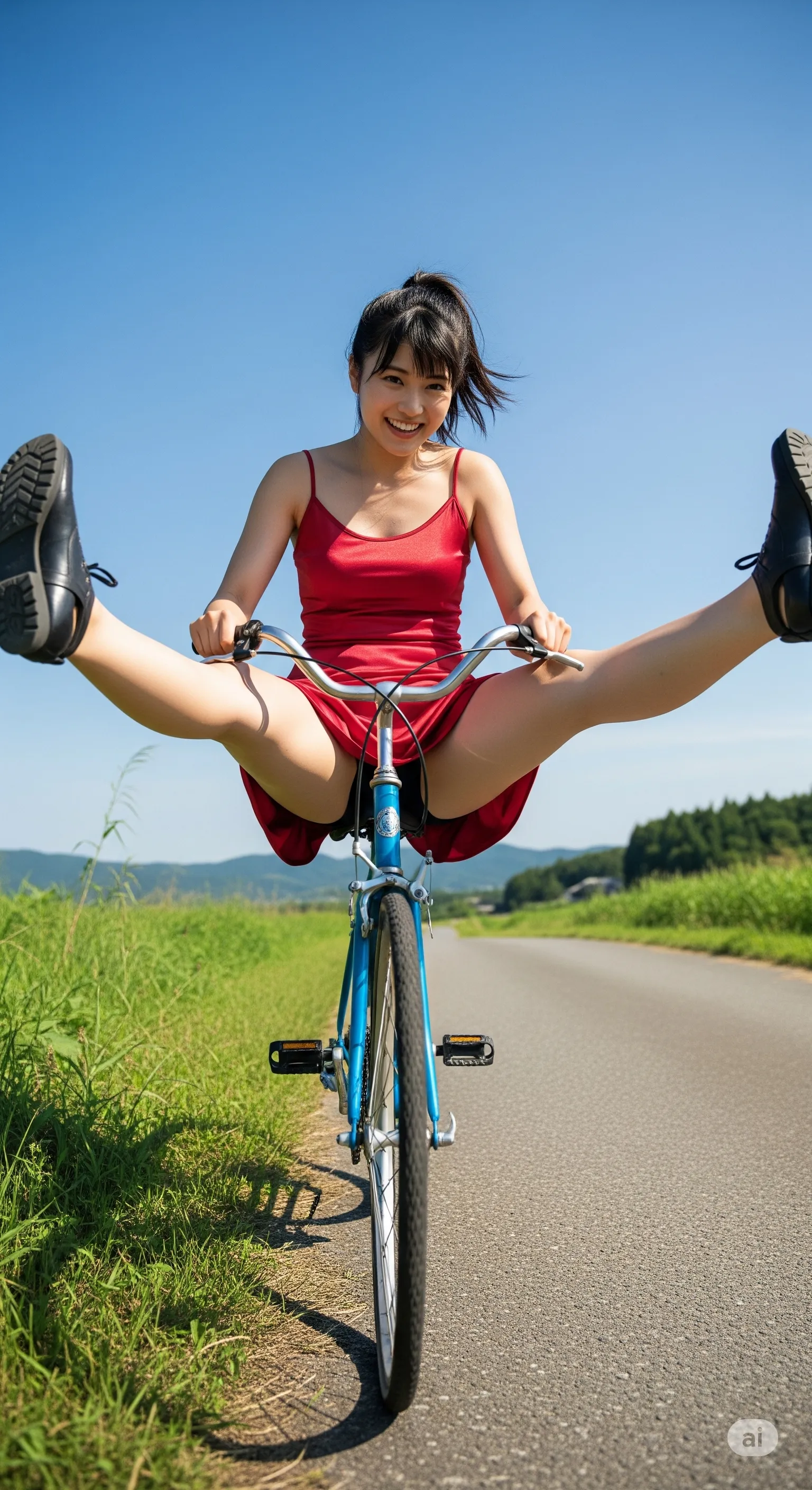自転車開脚ポーズの女性 太ももとパンツが印象的な着エロ画像