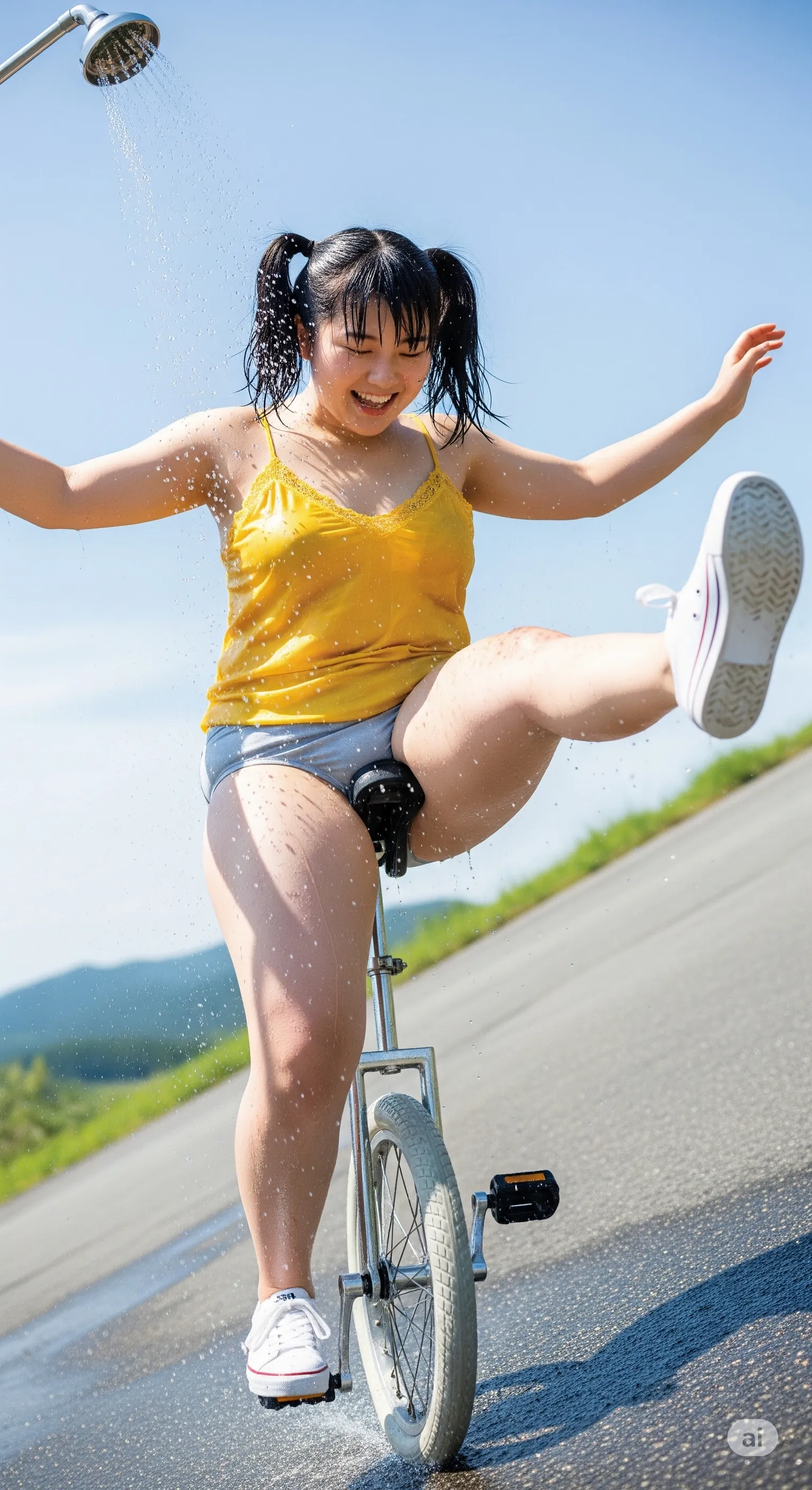 自転車開脚ポーズの女性 太ももとパンツ強調のフェチ写真