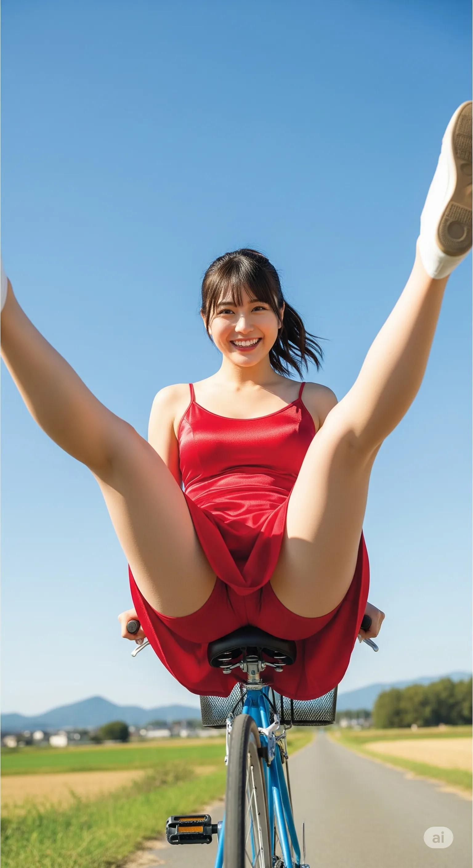 女性の自転車開脚 サドル密着でパンツ強調のグラビア