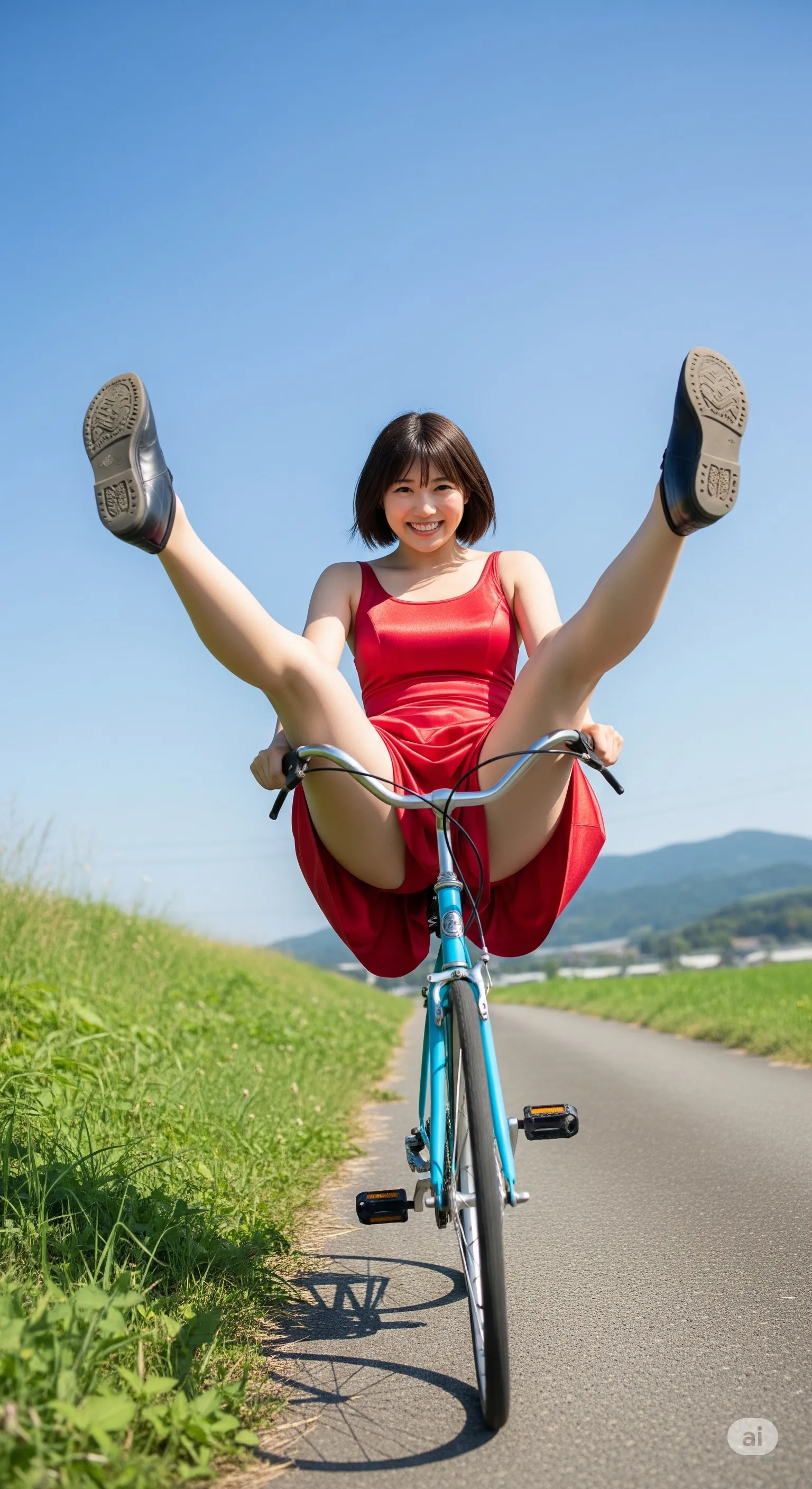 自転車開脚ポーズの女性 太ももとパンティが主役