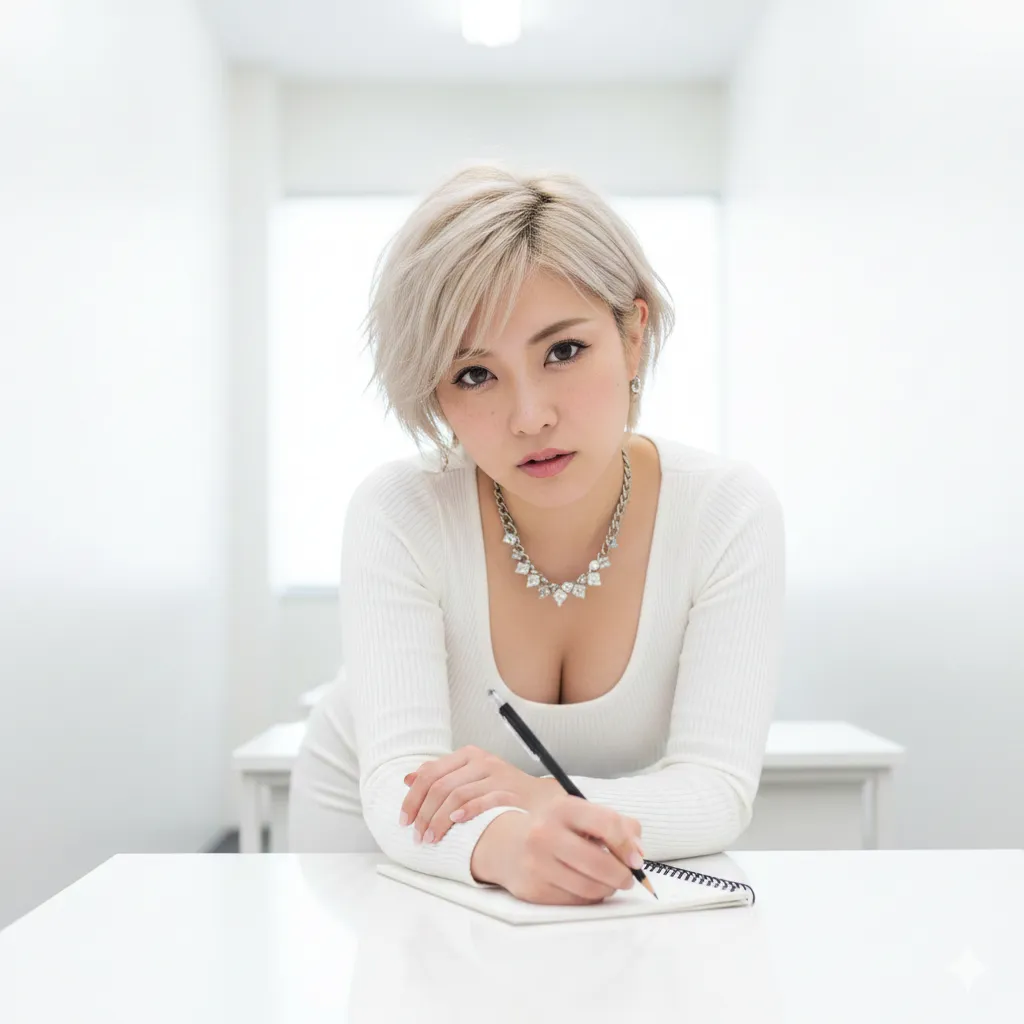 脚を組み替える瞬間の美脚が映えるデスク構図