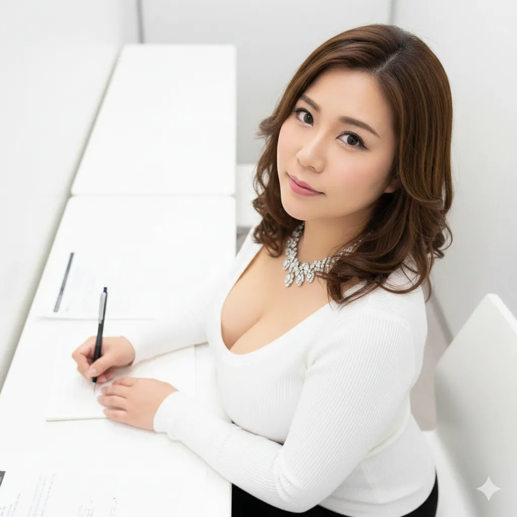 ペンを口元に当てて考える大人ギャルの寄り構図