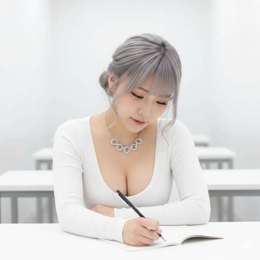 ノートに集中する真面目なギャルの横顔ショット