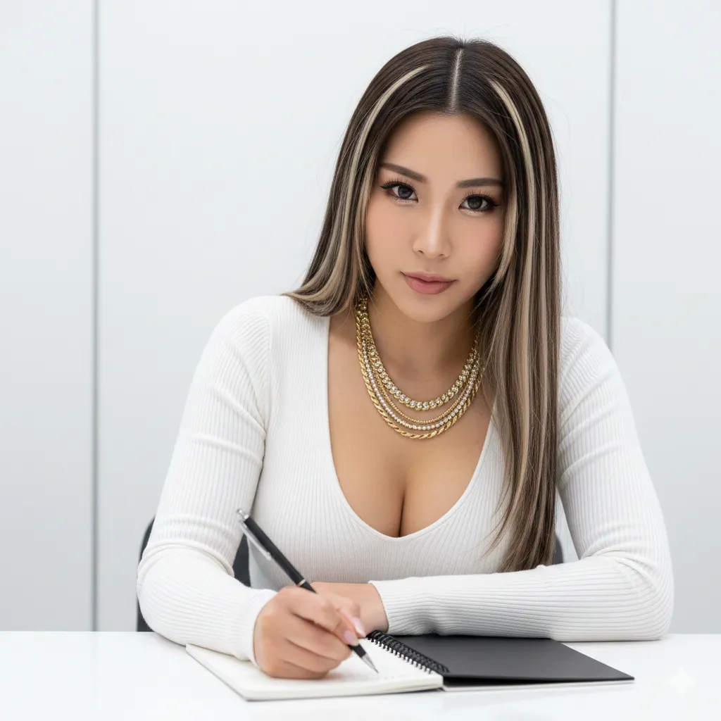 脚を揃えて机に向かう美脚強調の白T構図