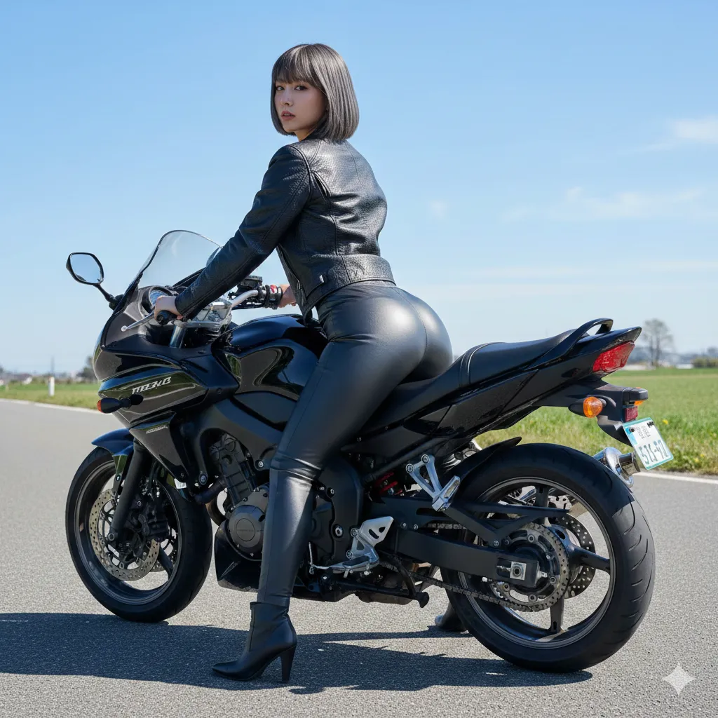 バイク 跨がり レザーパンツの食い込み 004