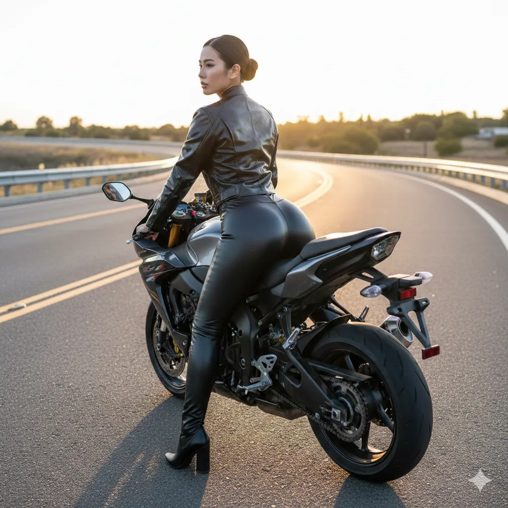 レザーパンツの食い込み バイク女子 012