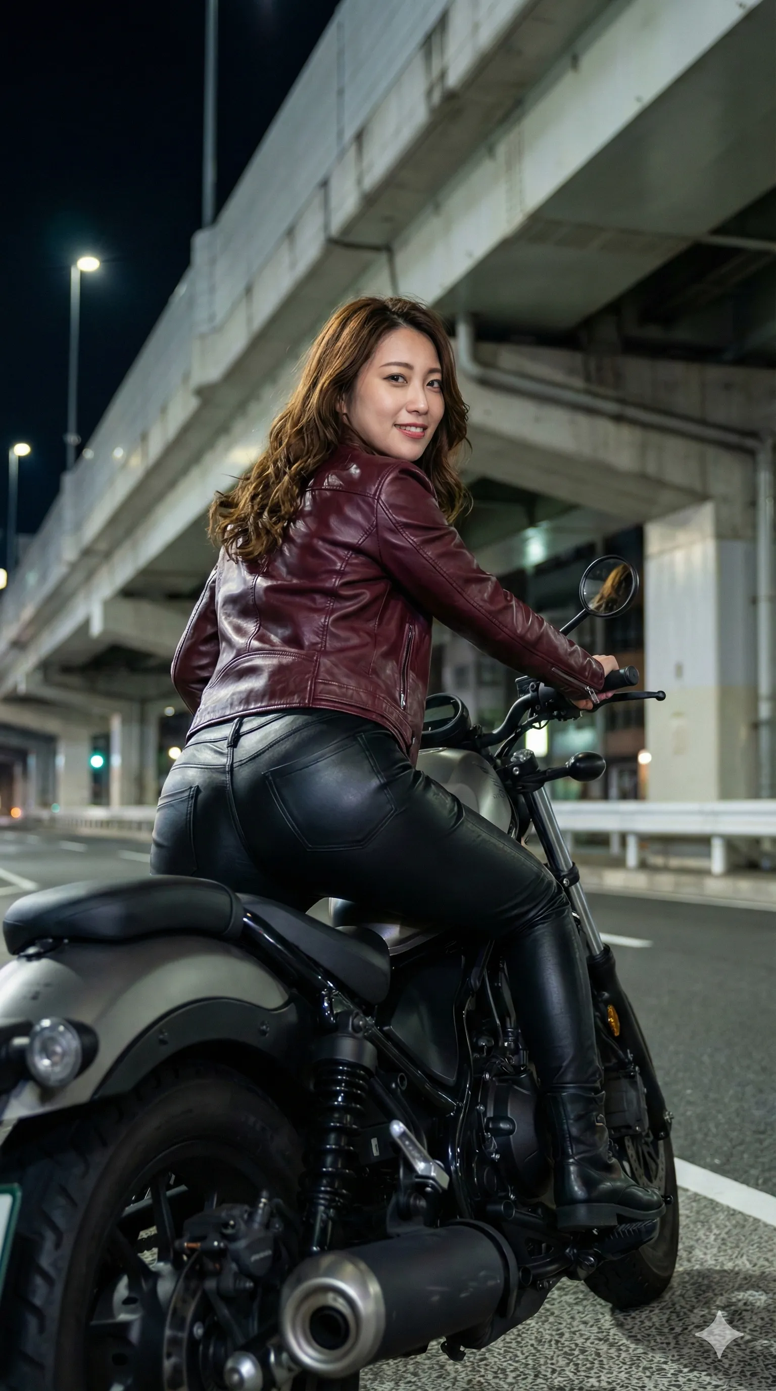 バイク女子 後ろ姿 レザーパンツ 014