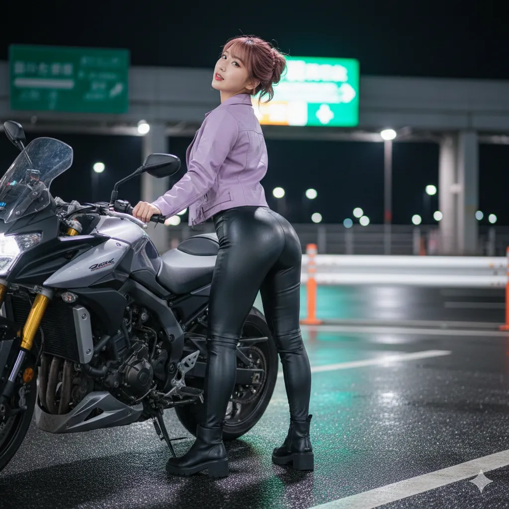 バイク女子 レザー 跨がり 049