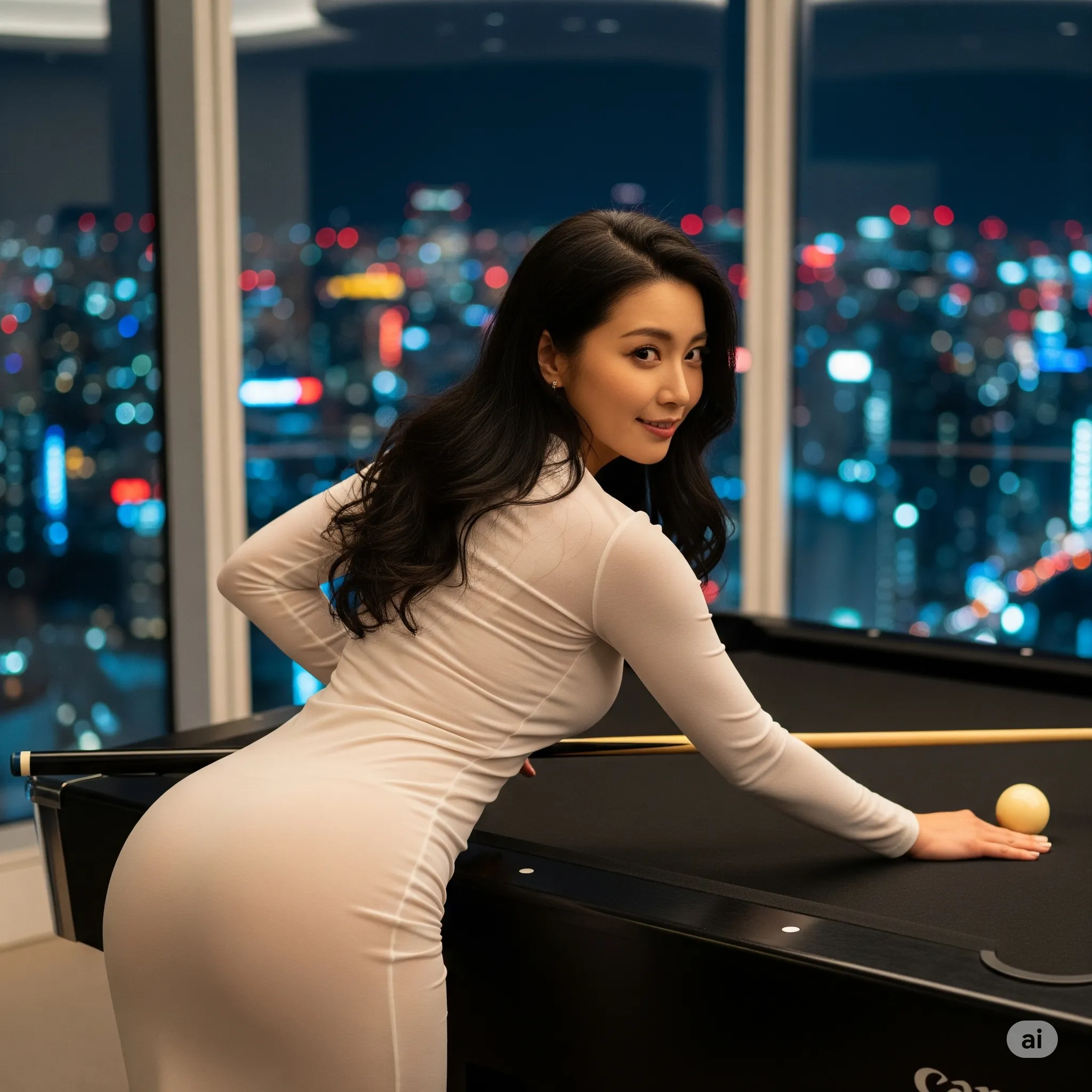 ビリヤード台で前傾する女性 尻ライン際立つ 010