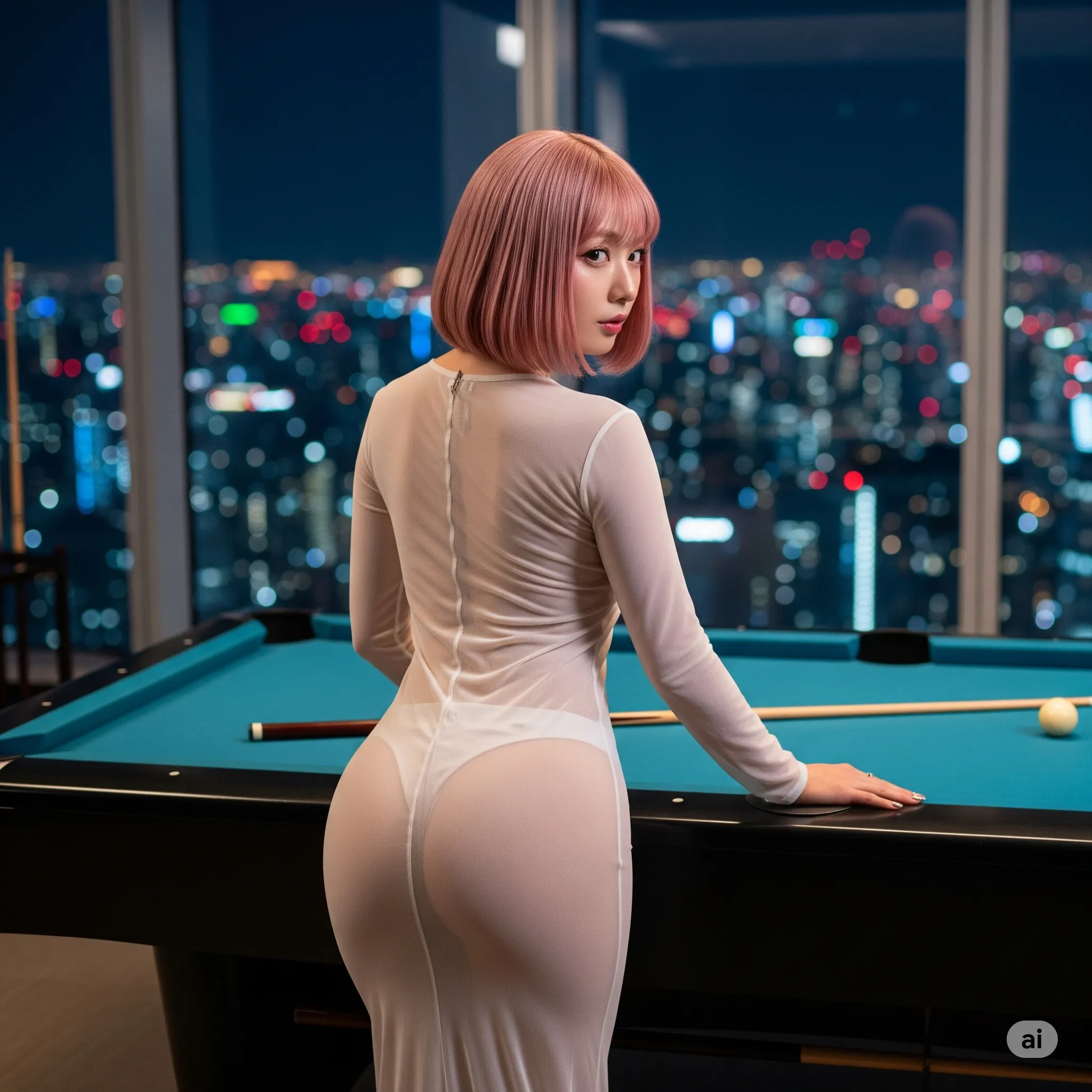 ビリヤード台に寄りかかるタイトニット美女 013