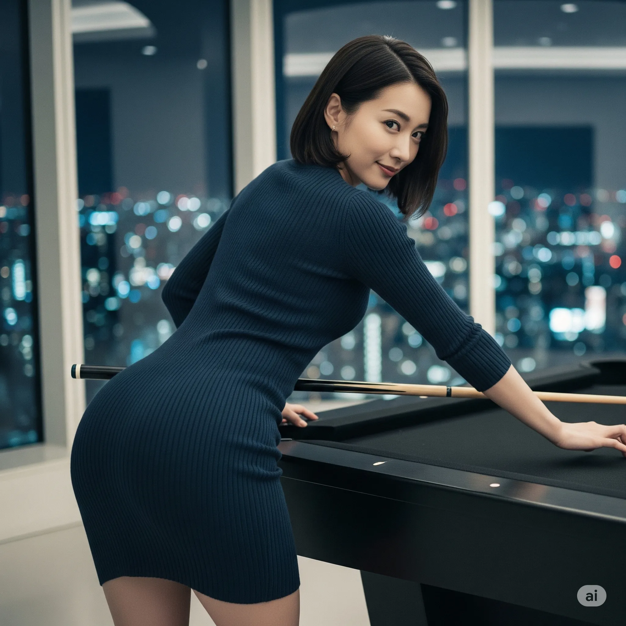 タイトドレスが描く丸みヒップ ビリヤード姿勢 020