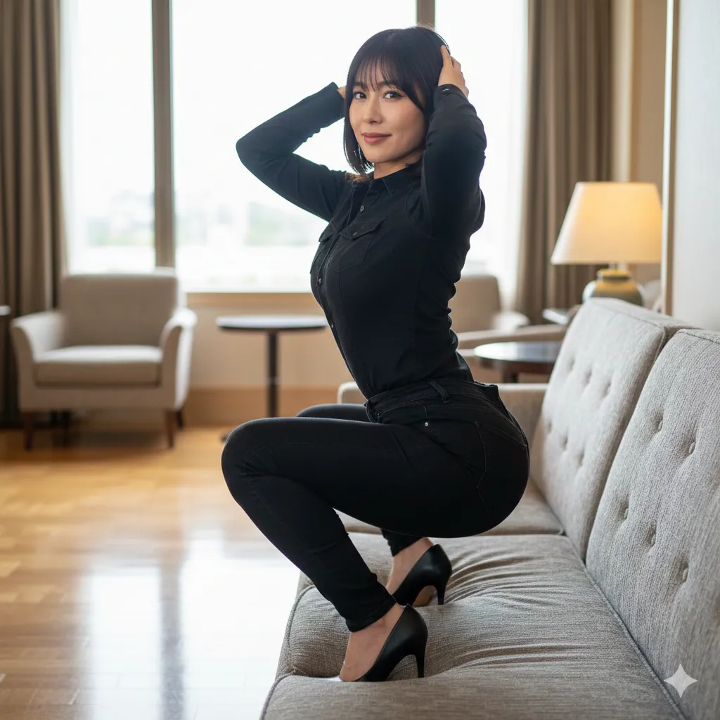 黒デニム《ぱつぱつ肥満体美女》の微エロ画像集｜黒髪ボブ女子のジーンズ尻なフェチショット