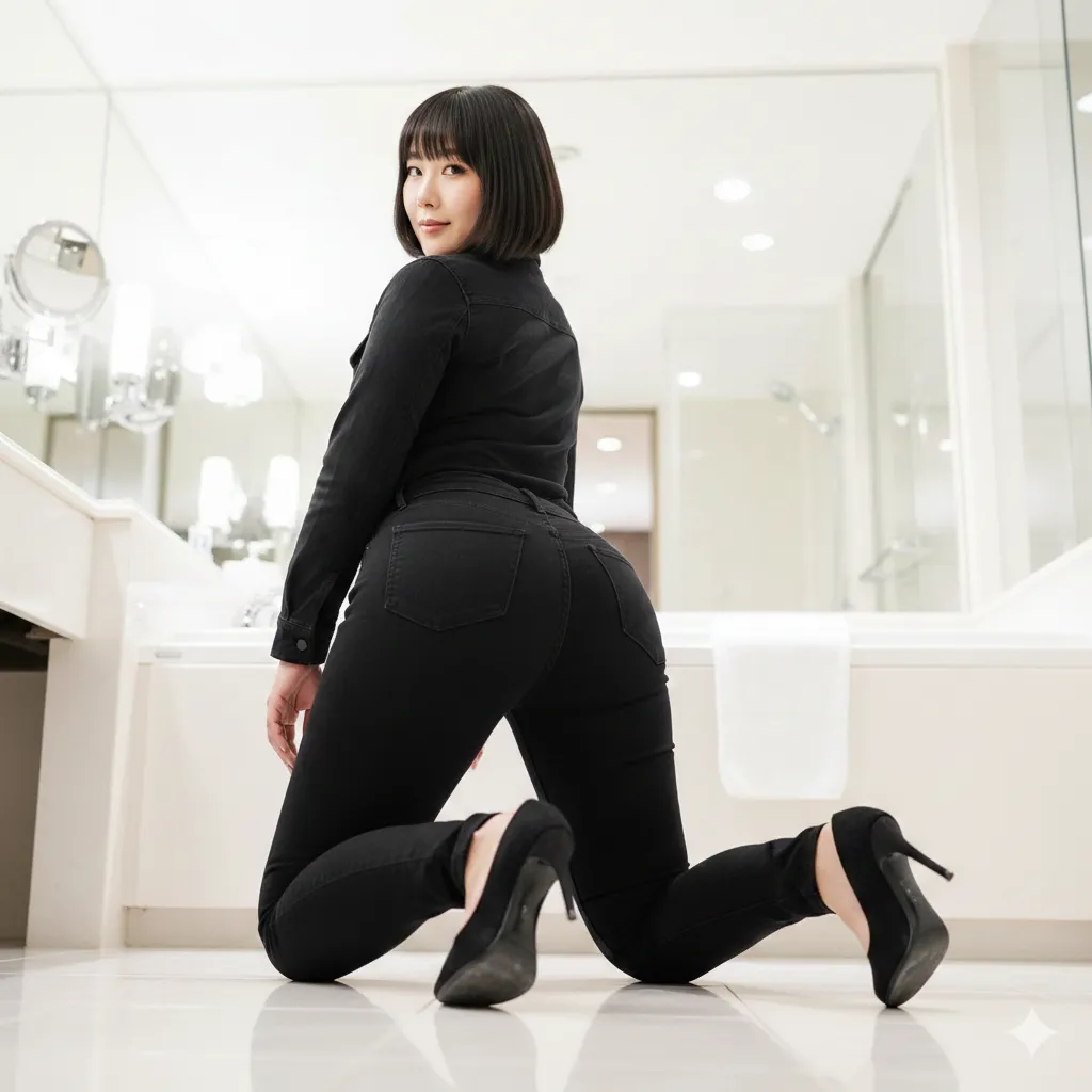 ボブヘアのうなじと、巨大なデニムヒップの官能的な距離