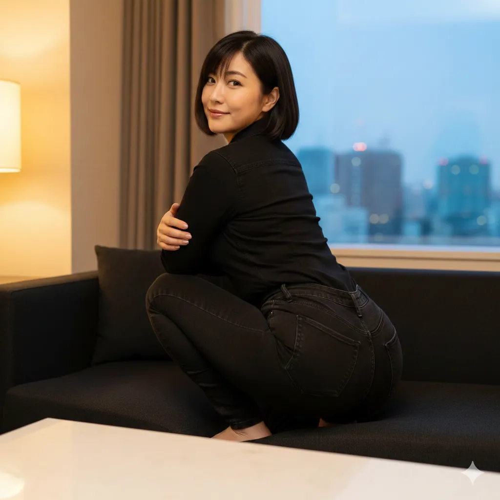 見返り美人の視線と、主張の激しすぎる黒ジーンズ尻