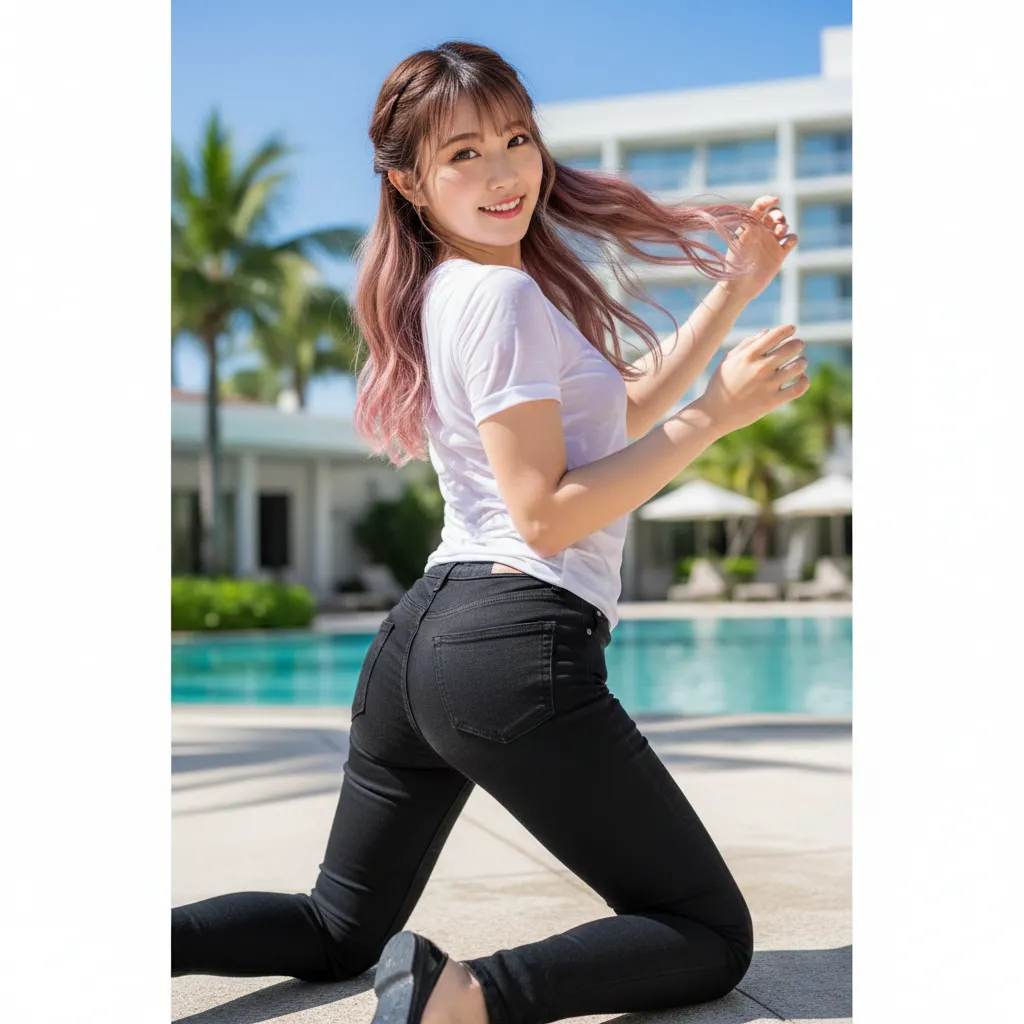 水に濡れてヒップラインに吸い付く黒デニムの質感 フェチ写真