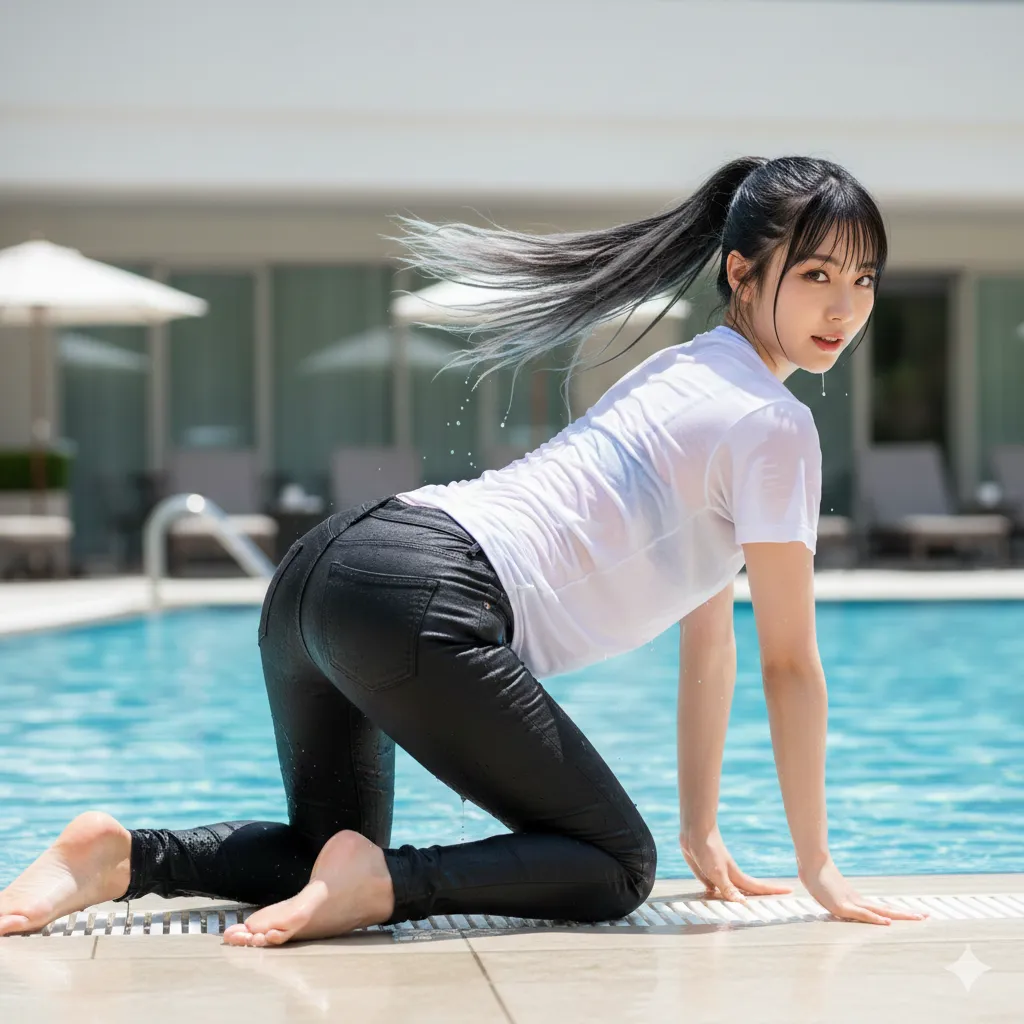 プールサイドで四つん這いになり強調される濡れたお尻 グラビア