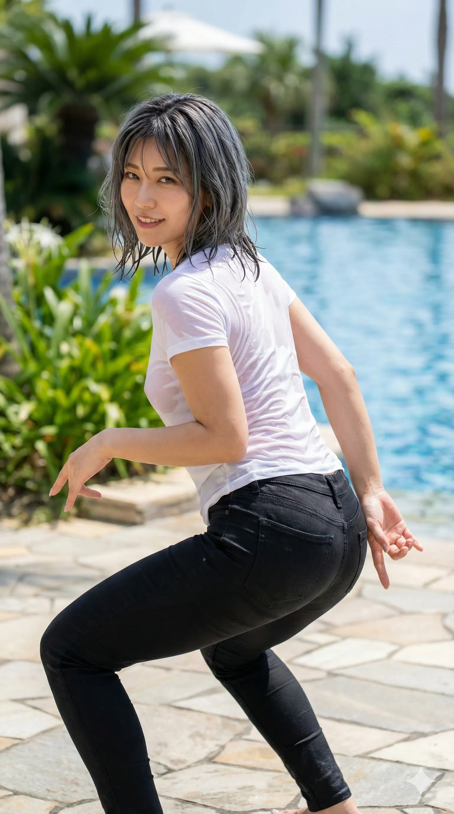 濡れたTシャツが身体のラインを露わにする背徳の立ち姿 ポートレート