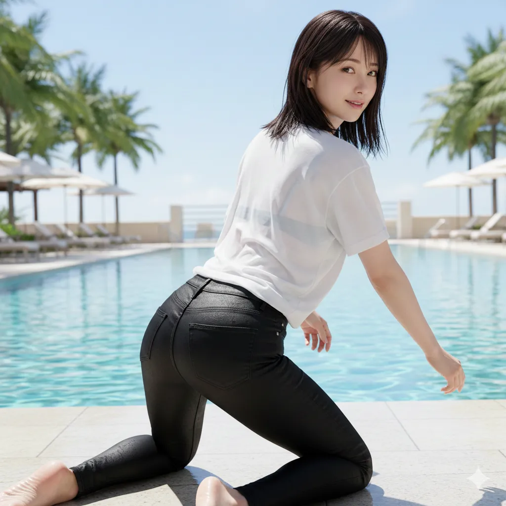 水面を背景に四つん這いでポーズを決める私服美女 グラビア