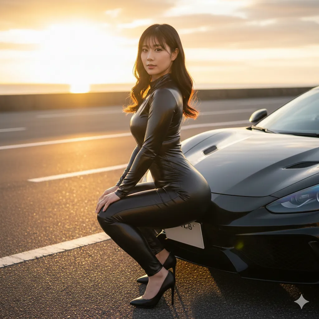 黒タイツの光沢を活かした洗練ボンネットカット グラビア エロ画像