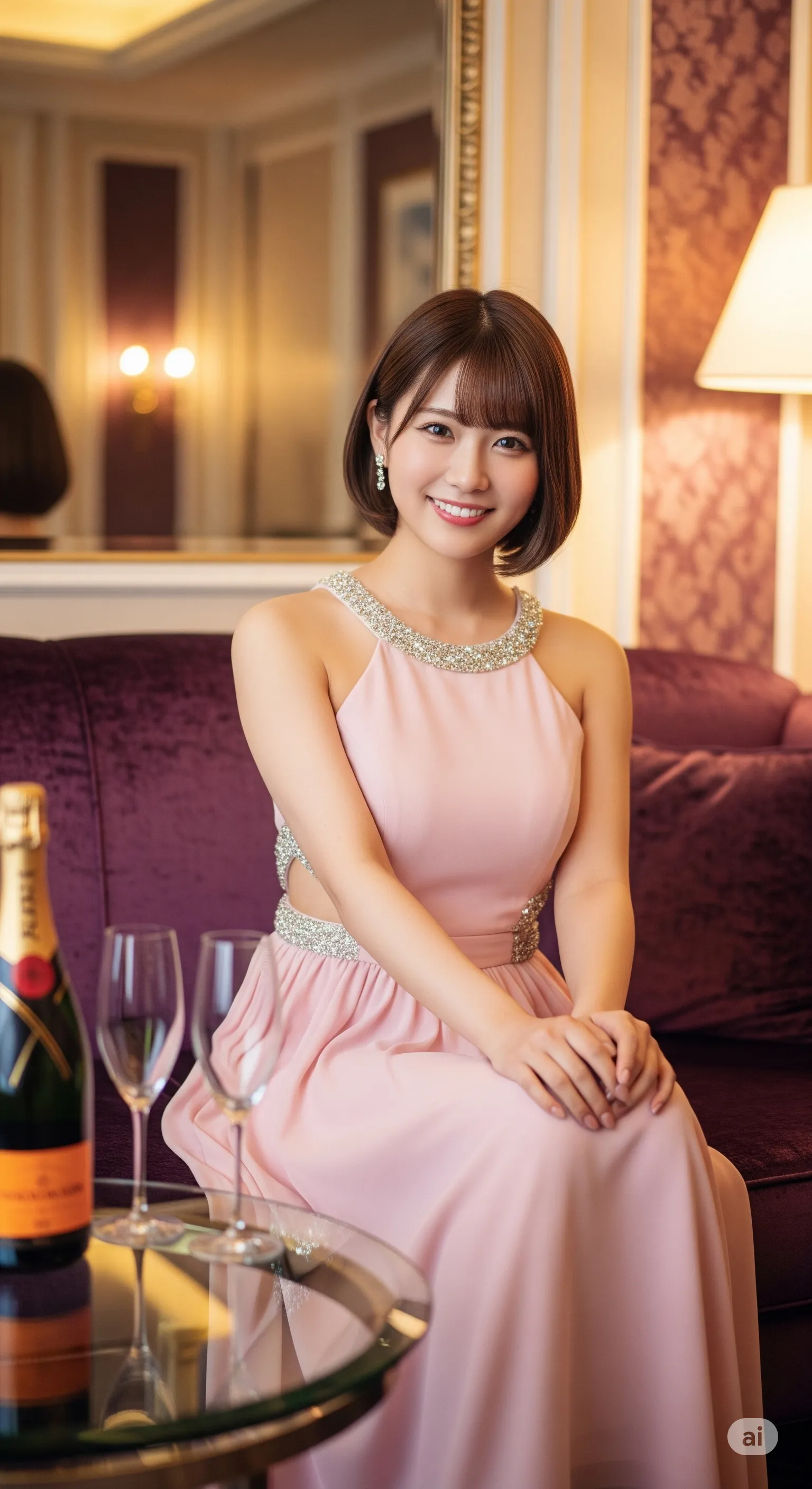 ノースリーブドレスから覗く滑らかな脇と、強調された胸の膨らみ