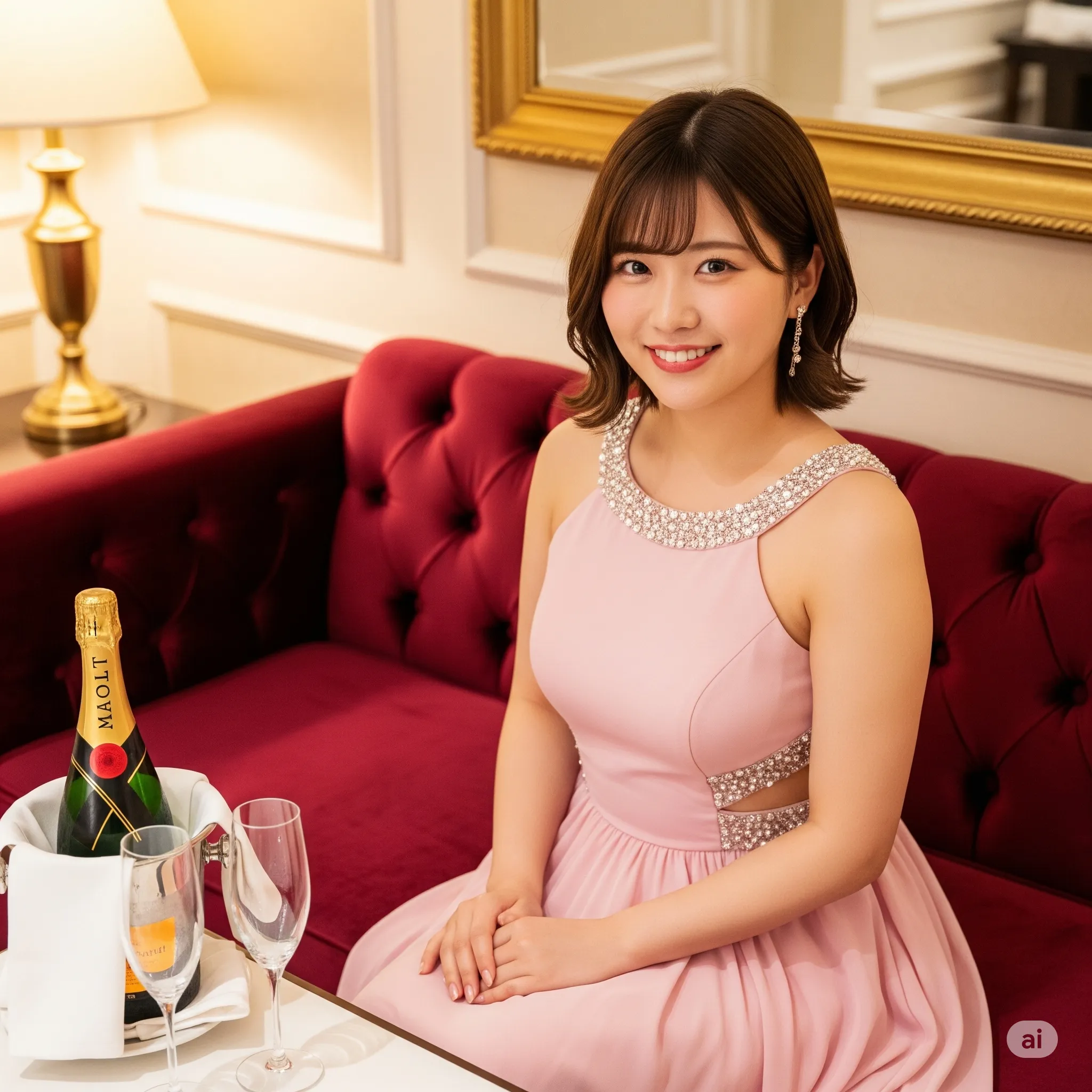 接客中に身を乗り出し、ヒップラインを強調するボブ美女