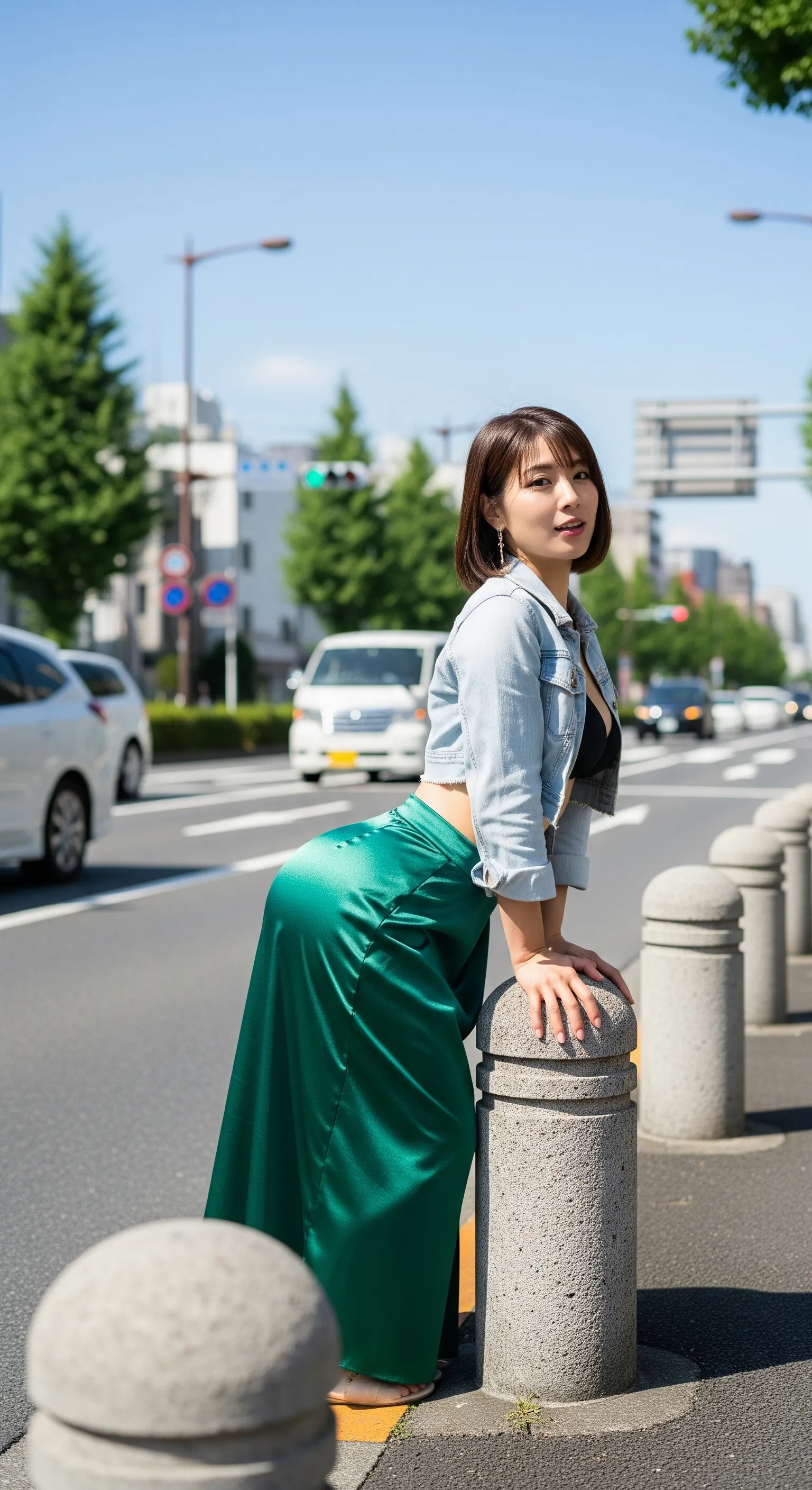 片尻をボラードに乗せてラインを魅せるエロ構図 004