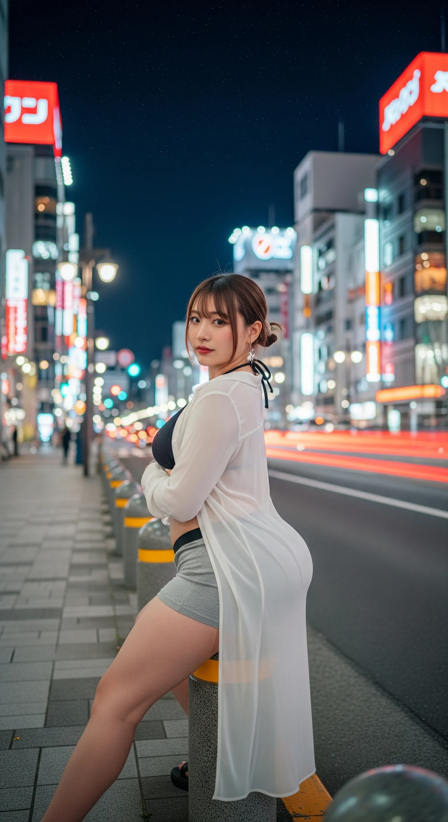 街中でボラードへ腰掛ける美女のセクシーな尻シルエット 009