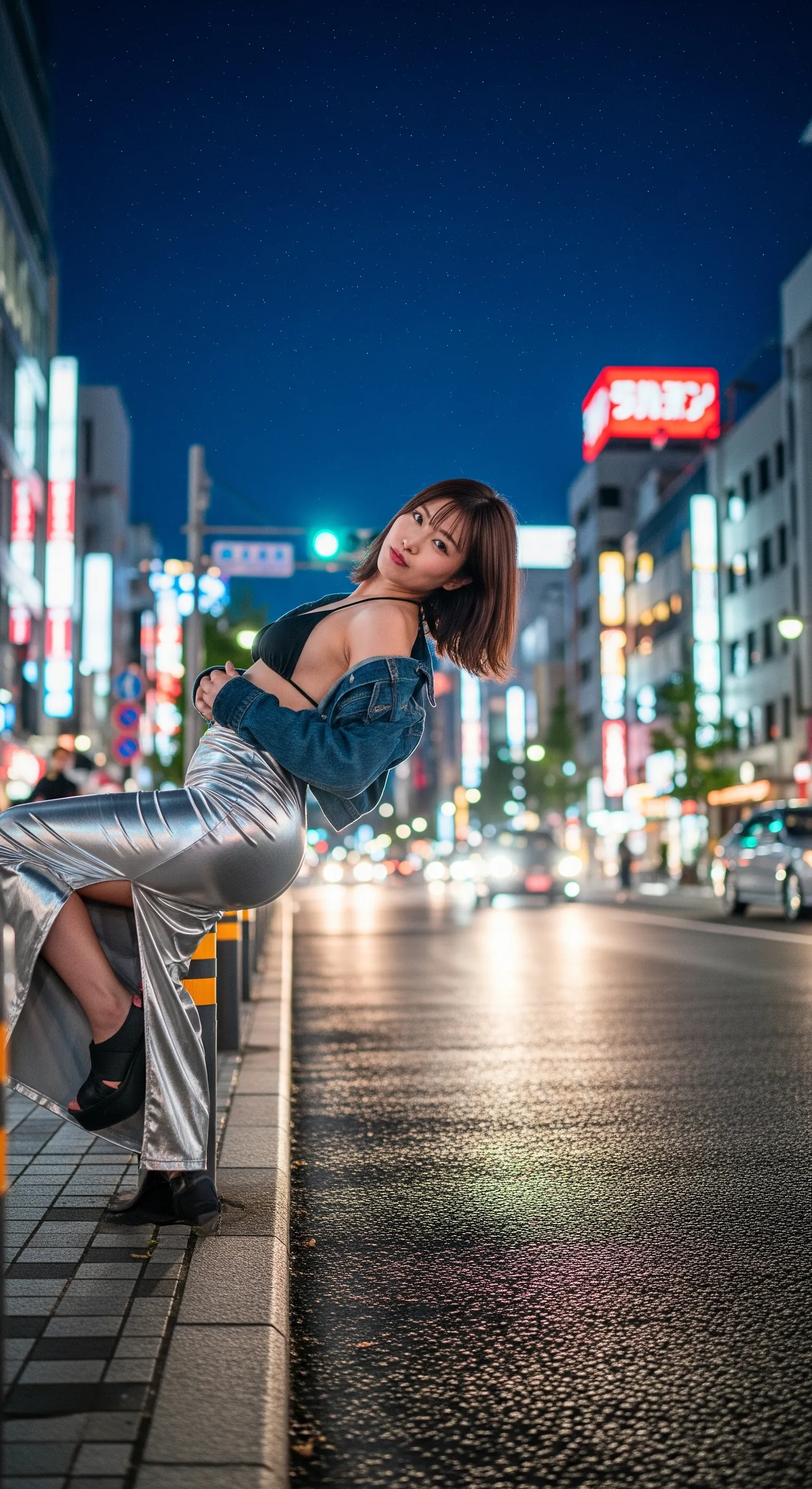 豊満美女がボラードに深く座りヒップの丸みを強調 010