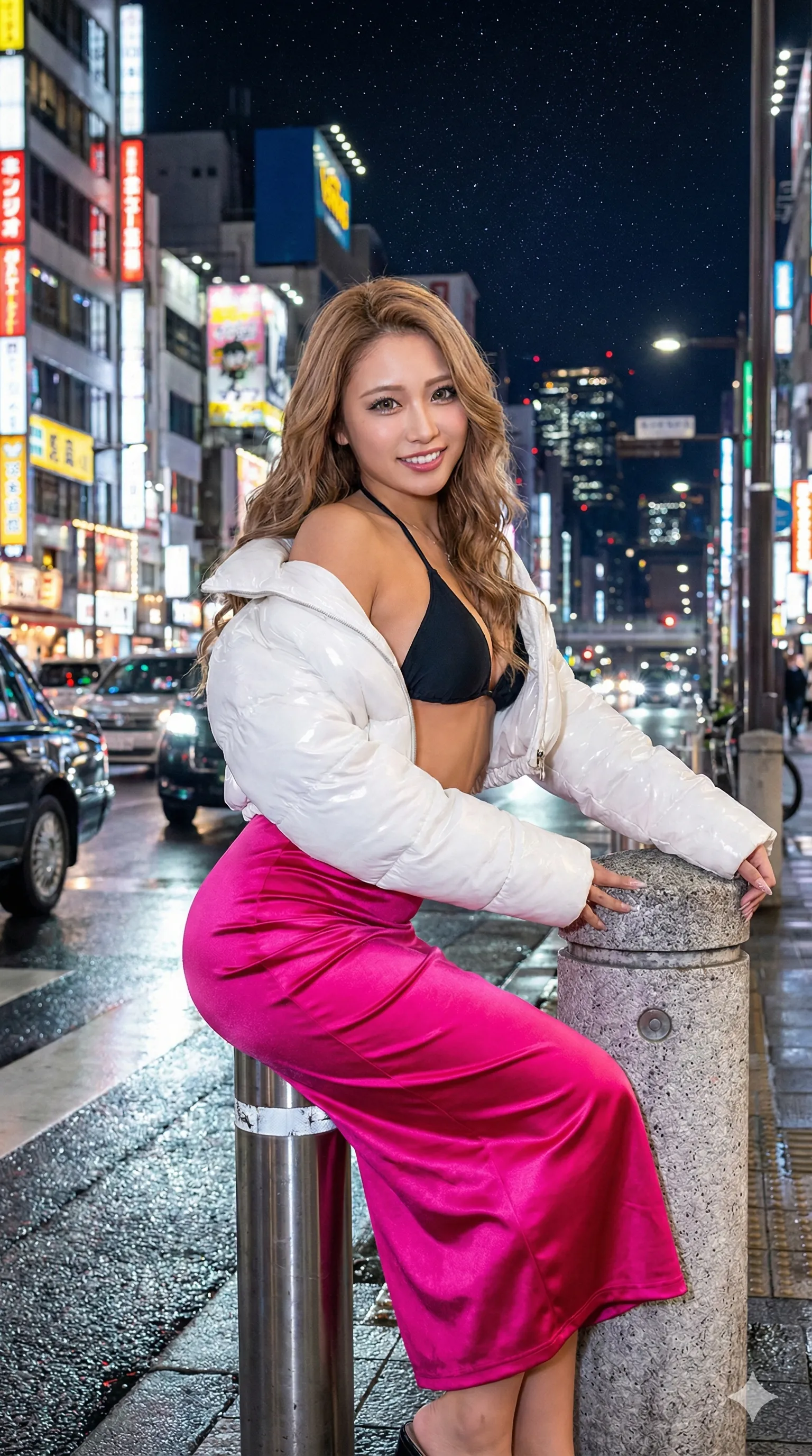 歩道の円柱に深めに座ってヒップの丸みが最大化する美女 015