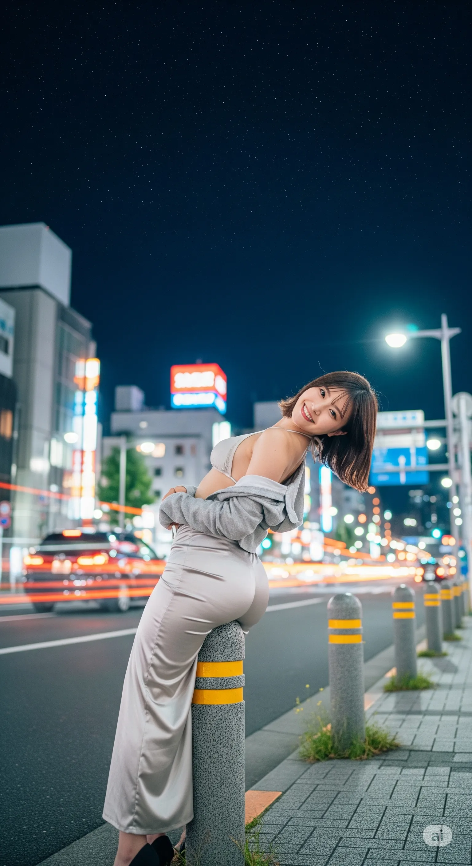 円柱型ボラードに体重を預ける美女の臀部ラインが色っぽい 020