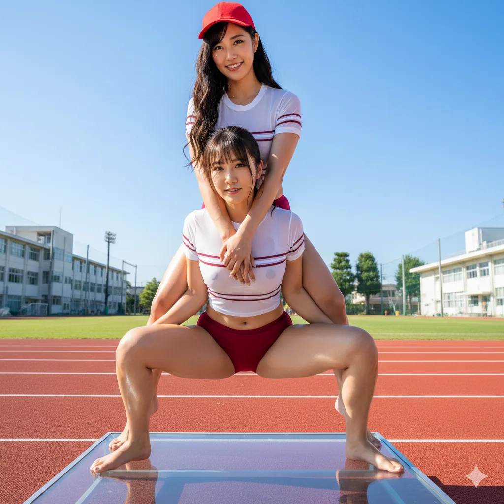 背中にしがみつく上側の美女と支える下側のヒップライン