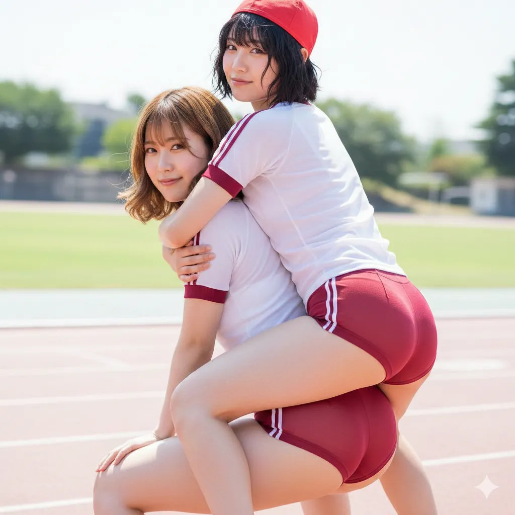 背中に腕を回す騎馬戦風ポーズの密着シルエット