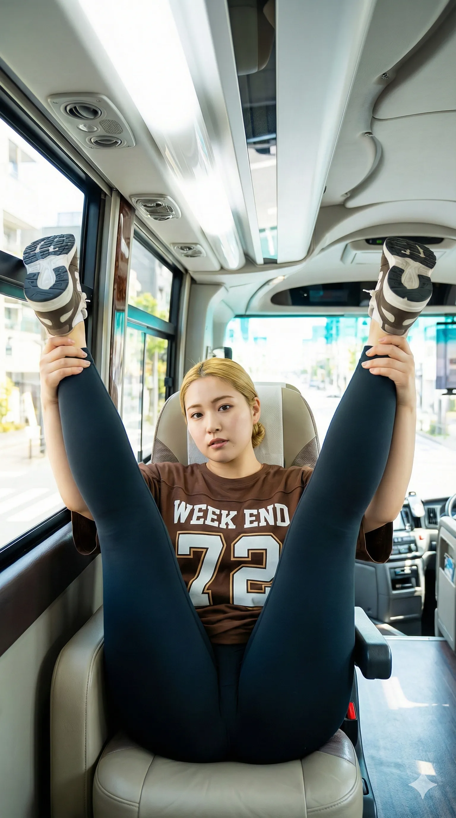 金髪ギャルがバス車内で見せる大胆なM字開脚ショット 002