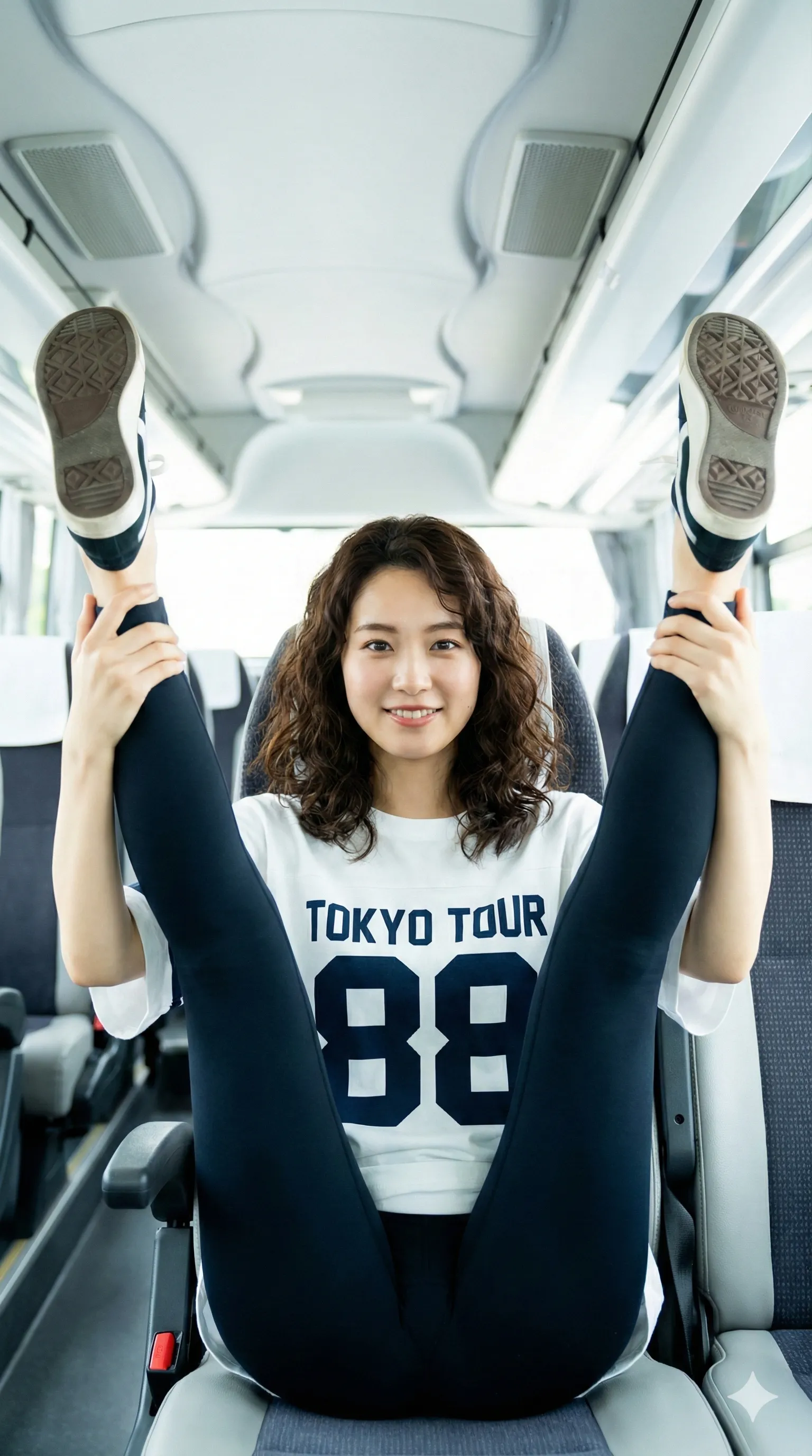 ギャルがバスの座席でV字開脚する美脚ショット 016