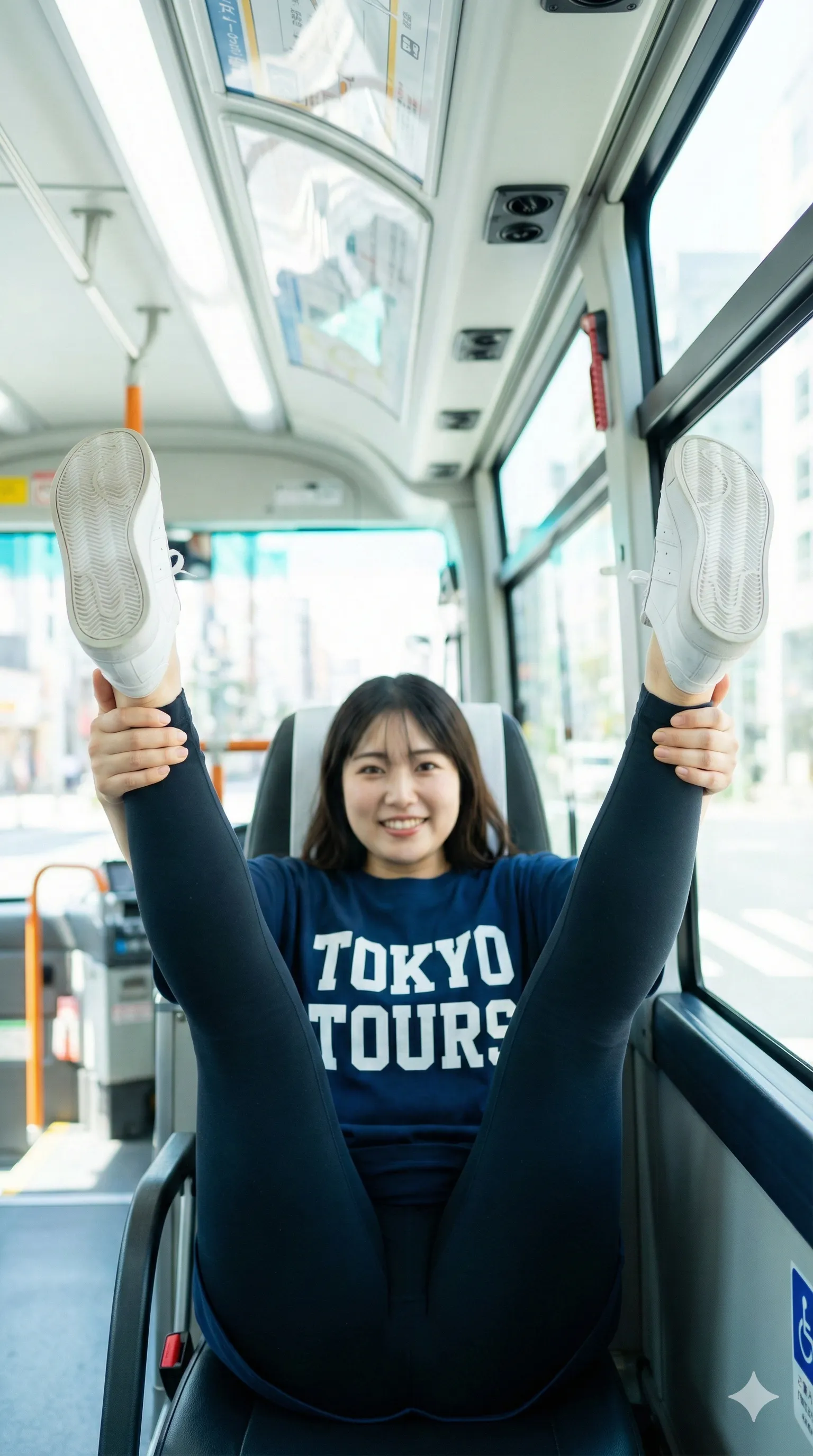 バス車内で脚を持ち上げるギャルの開脚ショット 024