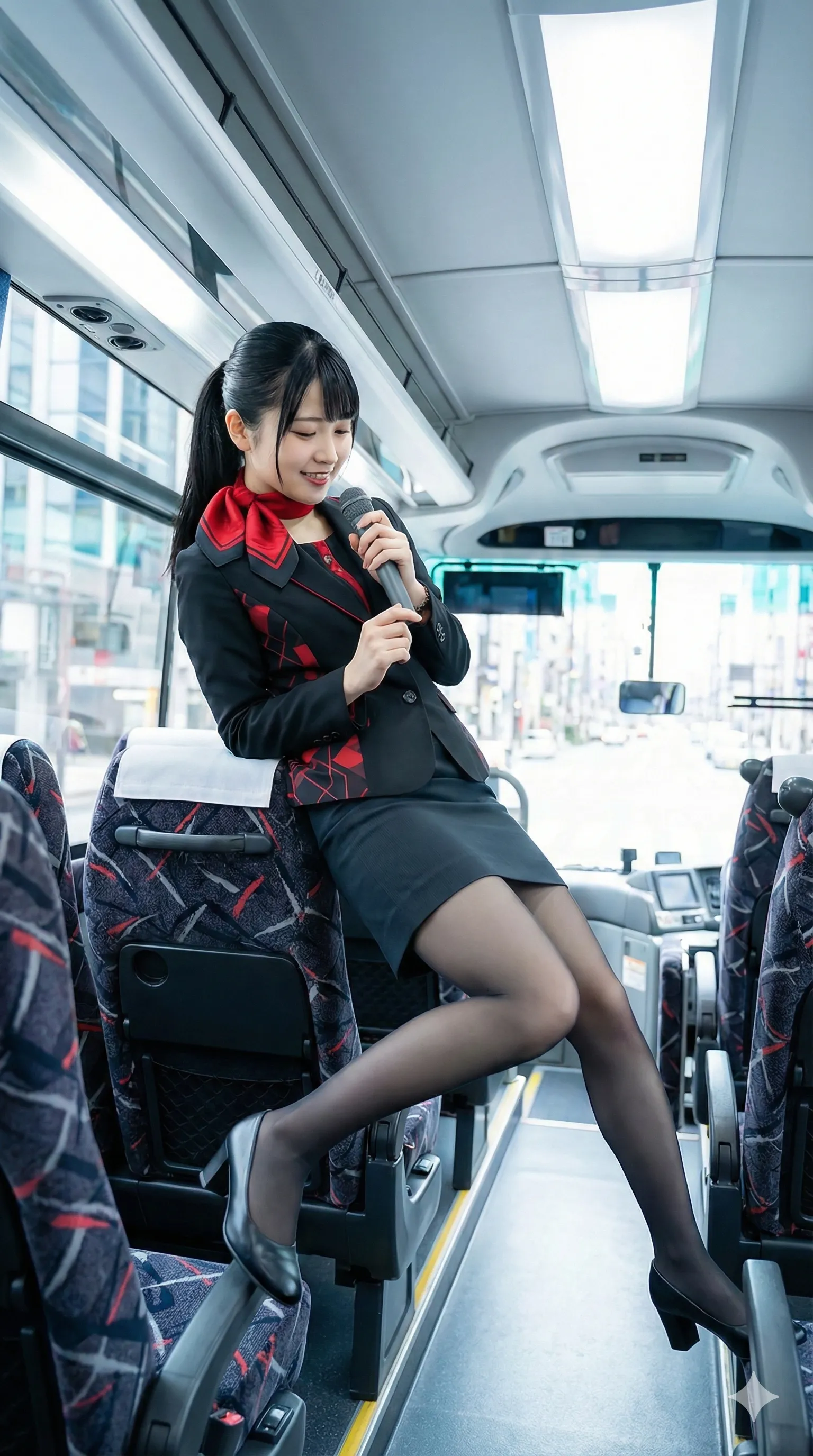 脚線美を見せつけるバスガイドの座席ポージング