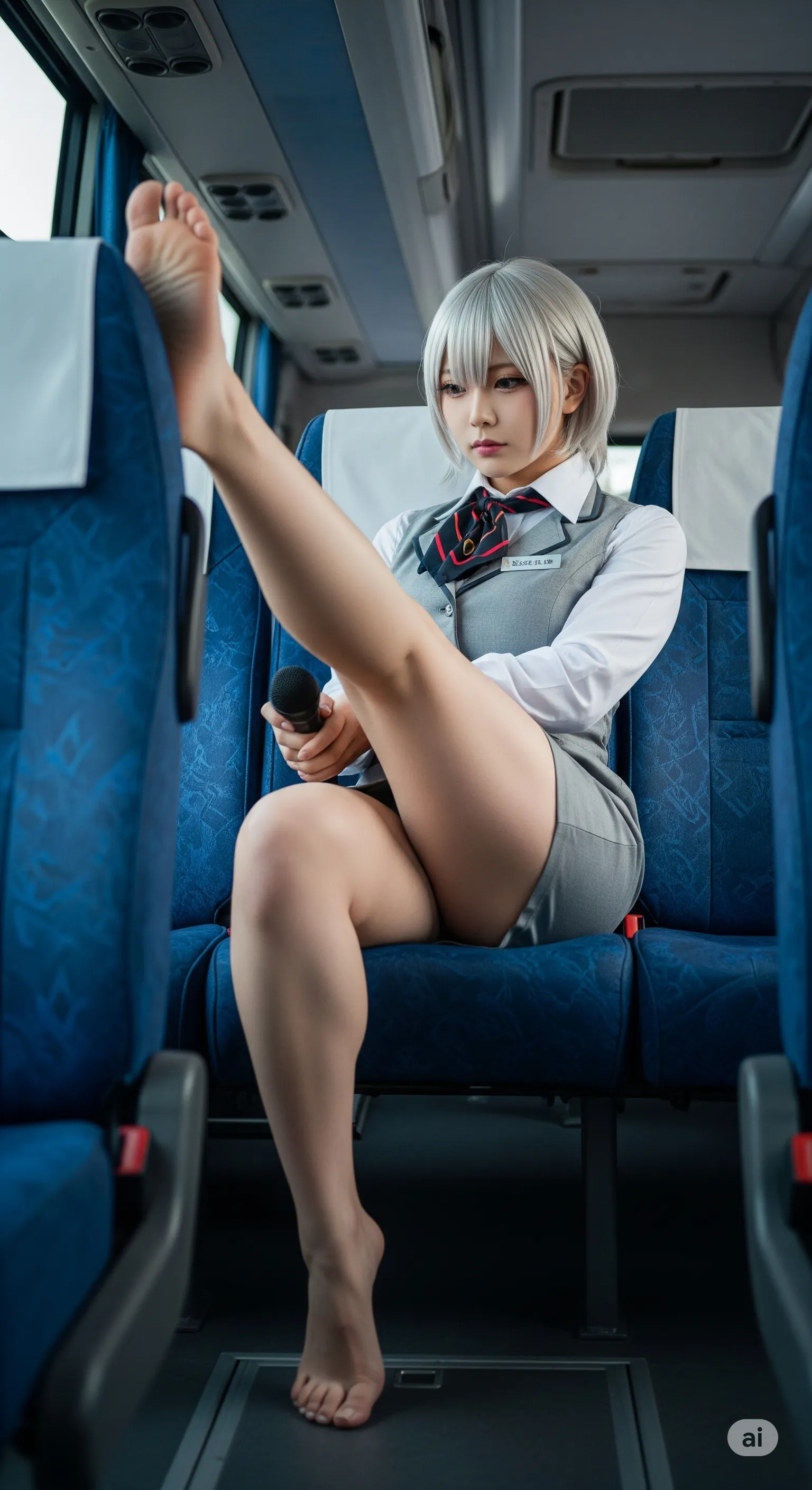 脚を高く掲げて見せつけるバスガイドのセクシーショット