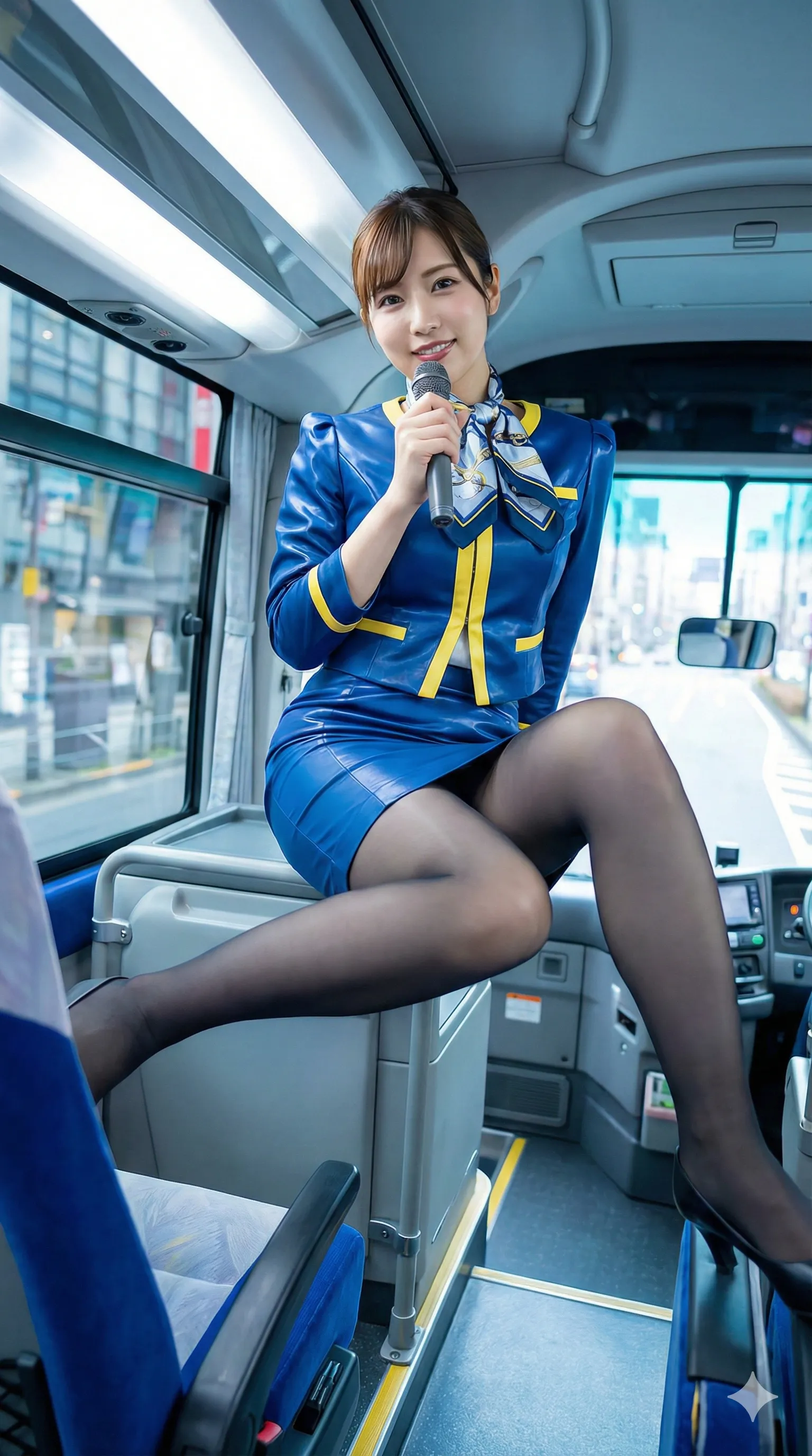 車内フェチ要素満載のバスガイド美脚強調アングル
