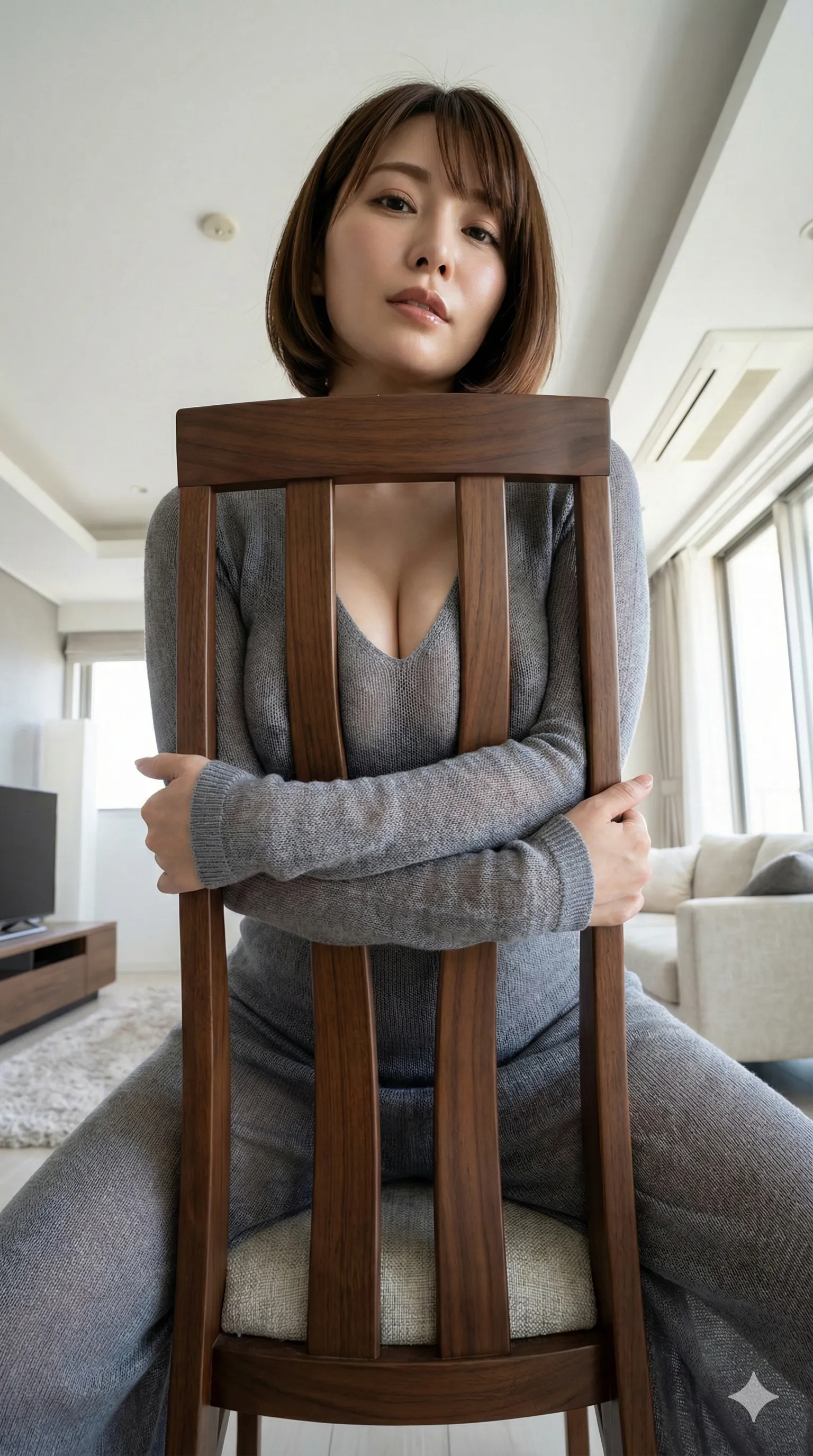 おっぱいが椅子の木材に押し潰される瞬間を捉えた一枚 005