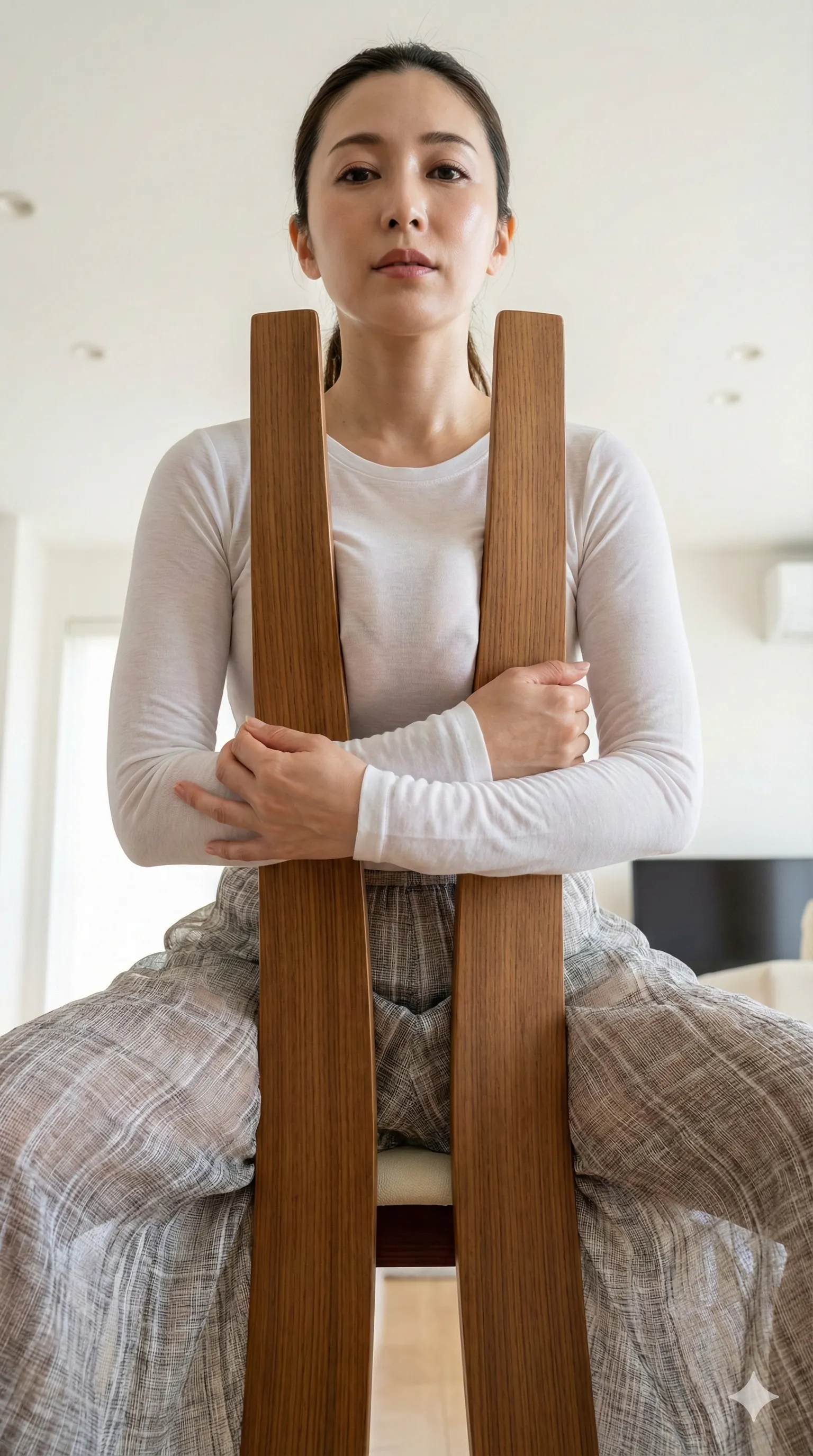 曲木チェアを抱え込むように胸を押し付ける巨乳ショット 008