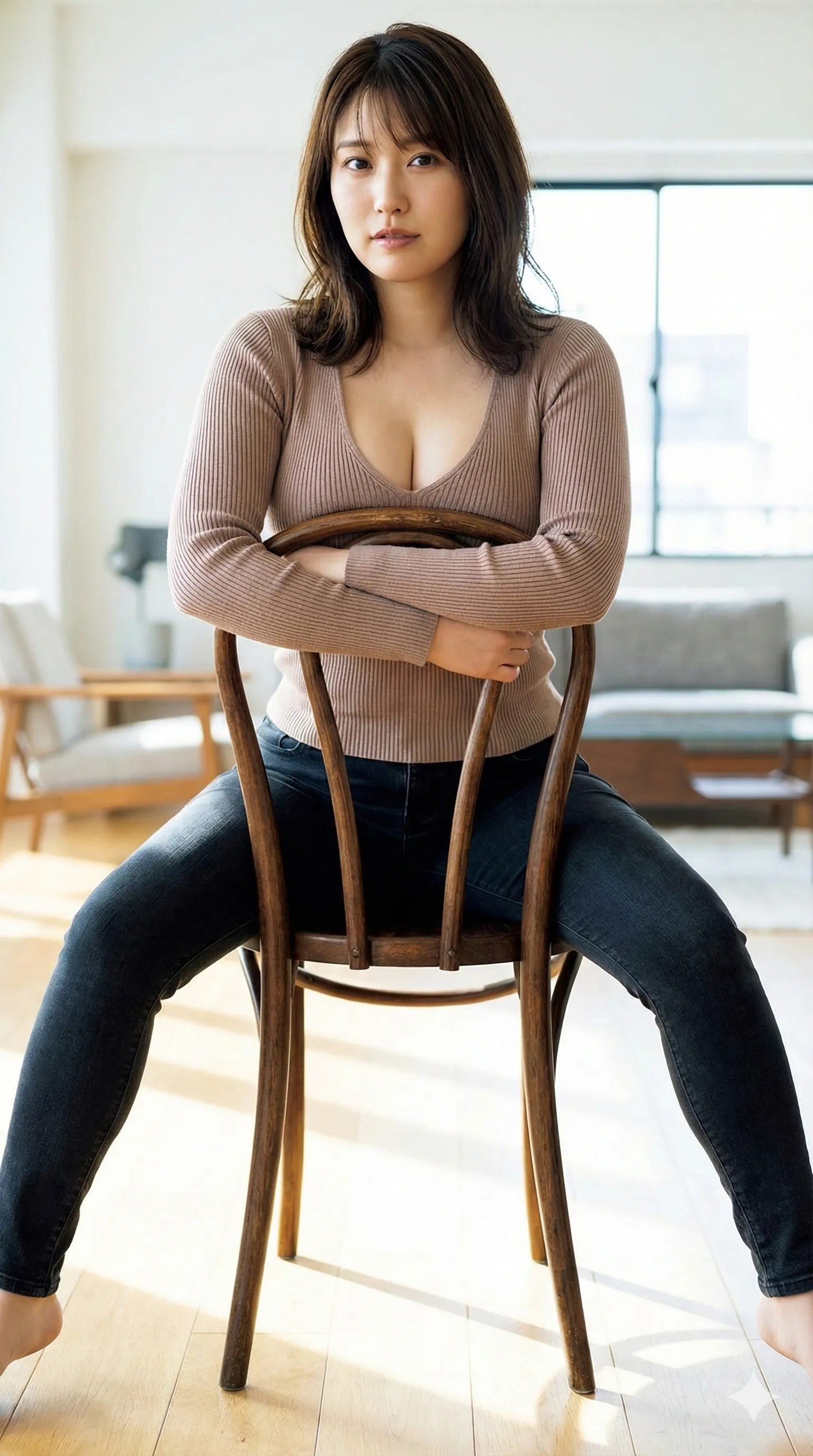 胸を寄せながら椅子へ押し付ける巨乳美女のフェチ画像 020