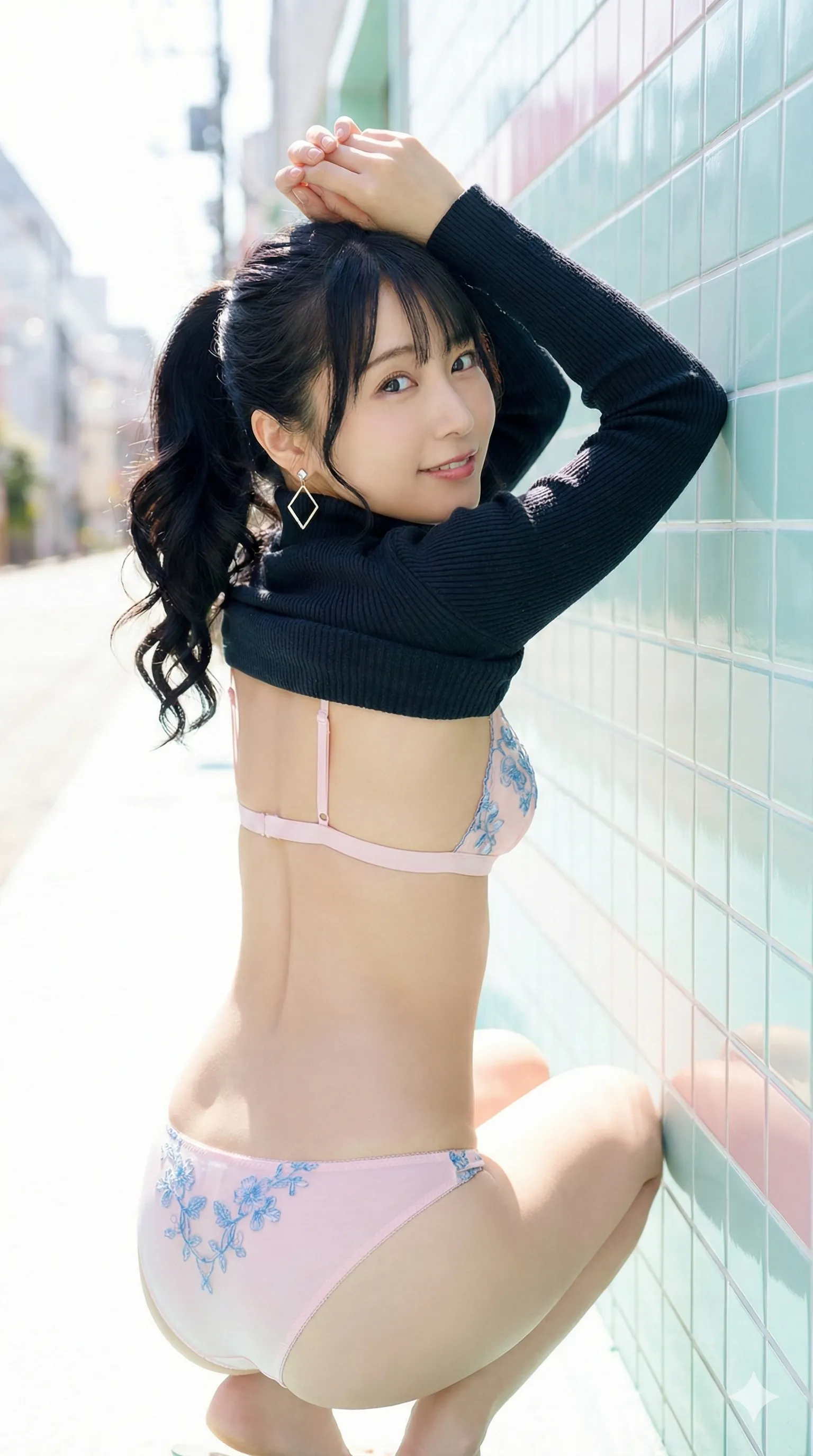 ランジェリー姿でしゃがむ ポニーテール美女 尻フェチ 002