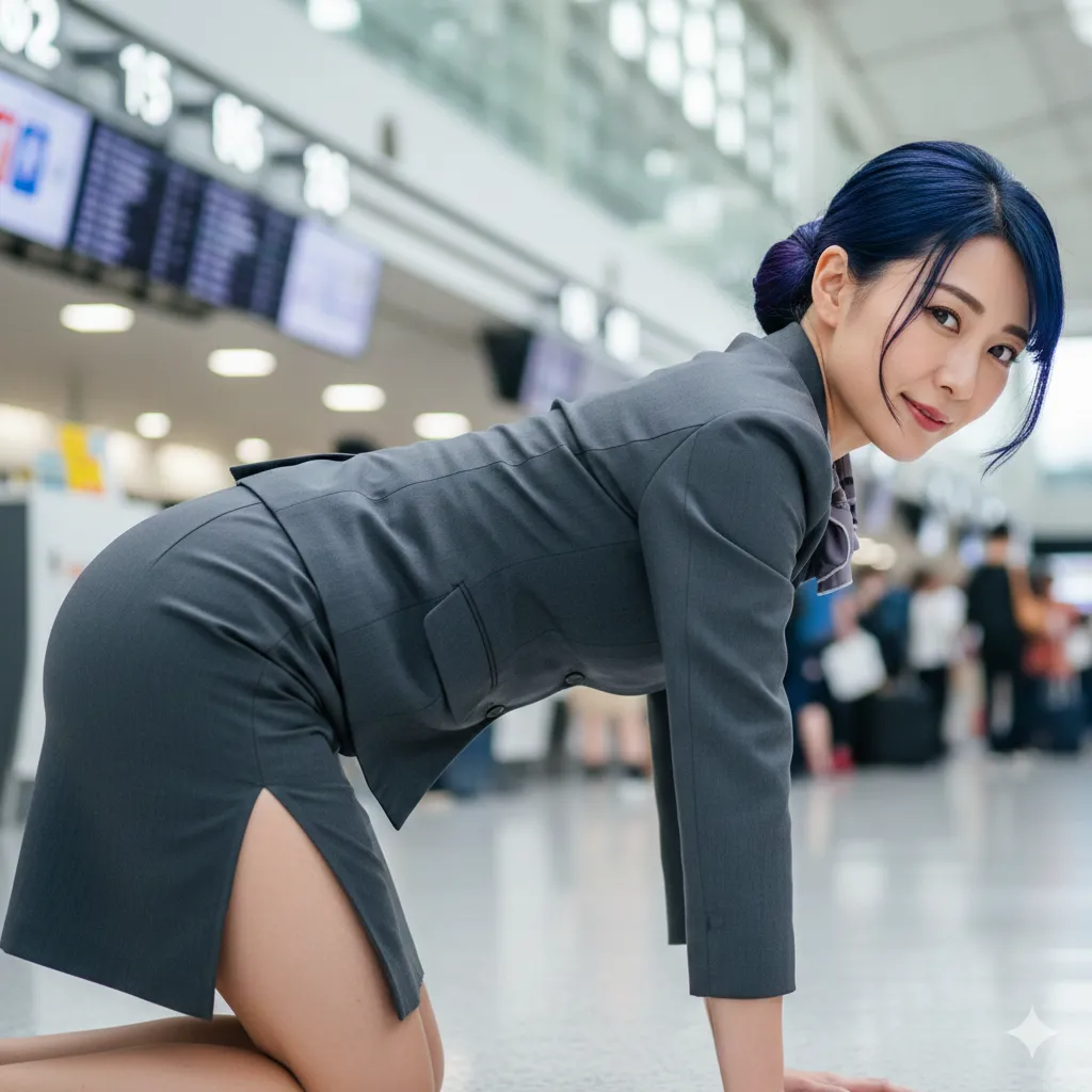 キャビンアテンダントの丸みヒップ 空港前傾ショット 020